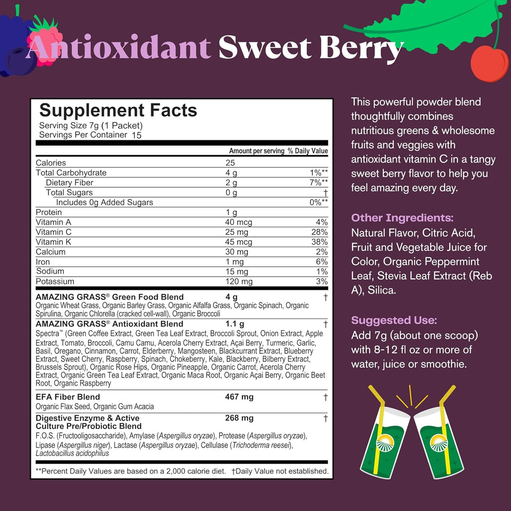 Amazing Grass Greens Blend Antioxidant: Super Greens Powder with Spirulina, Beet Root Powder, Elderberry, Prebiotics & Probiotics, Sweet Berry, 15 Servings (Packaging May Vary)