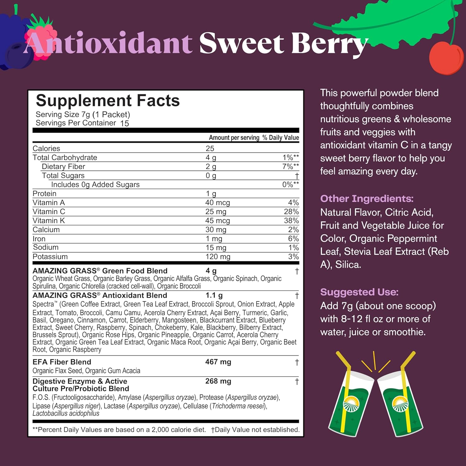 Amazing Grass Greens Blend Antioxidant: Super Greens Powder with Spirulina, Beet Root Powder, Elderberry, Prebiotics & Probiotics, Sweet Berry, 15 Servings (Packaging May Vary)