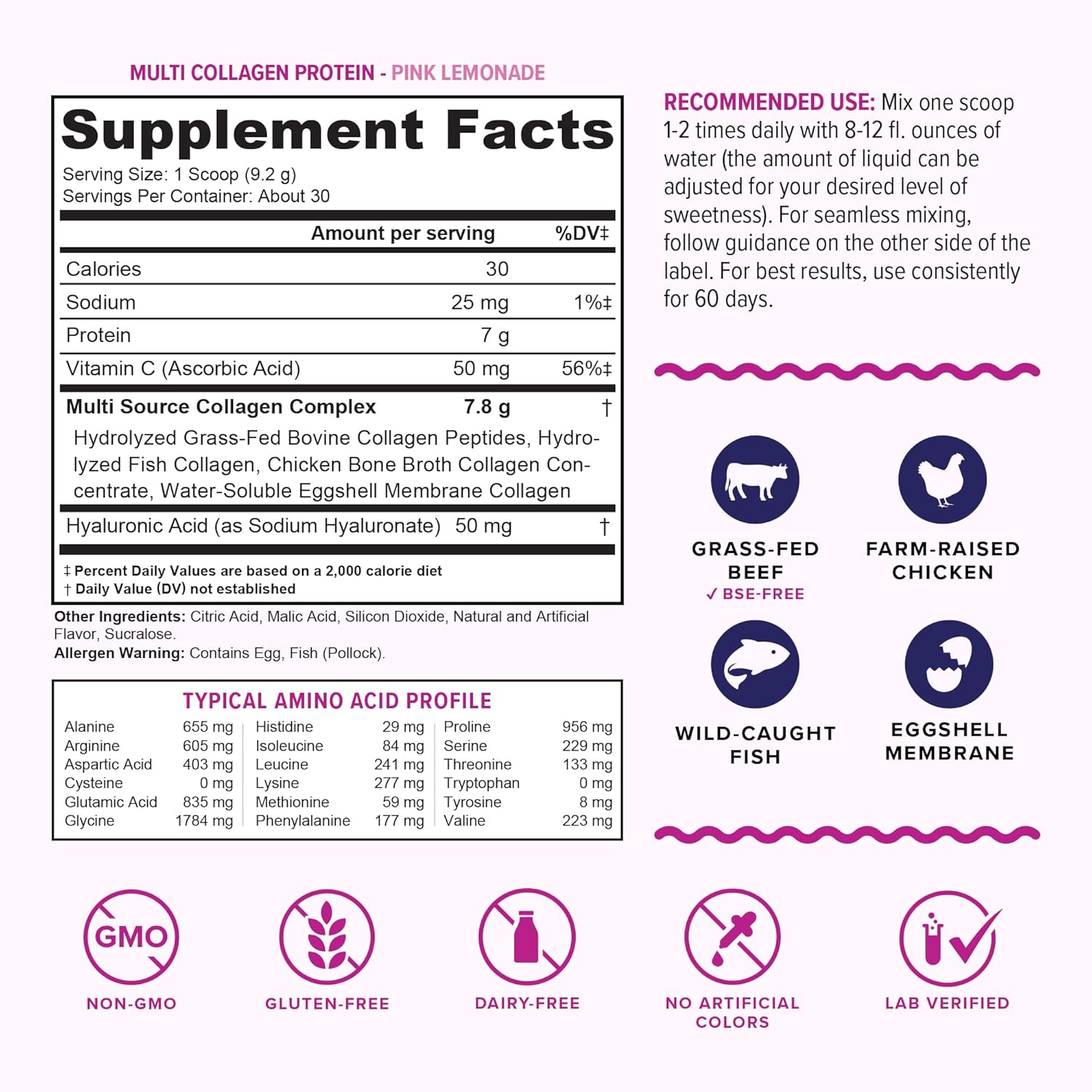 Multi Collagen Peptides Powder for Women - Hydrolyzed Flavored Collagen Powder for Women with Types I II III V & X Vitamin C & Hyaluronic Acid for Hair Skin and Nails (Pink Lemonade) - 30 Servings