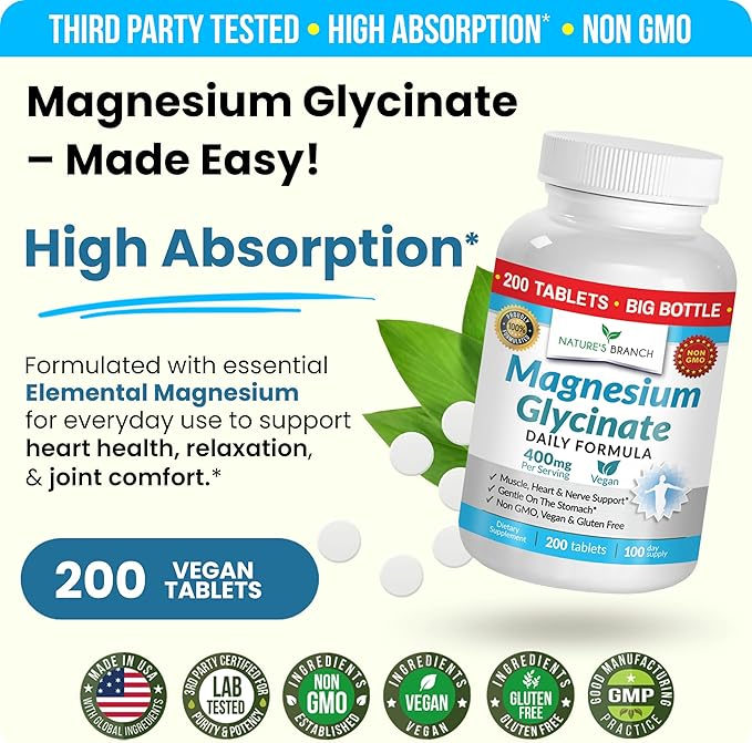 Magnesium Glycinate 400mg | 200 Tablets | High Absorption Mag Supplements for Sleep, Leg Cramps, Heart, Muscle, Calm | Non Buffered Bisglycinate, Extra Strength for Women and Men, Tablets Not Capsules
