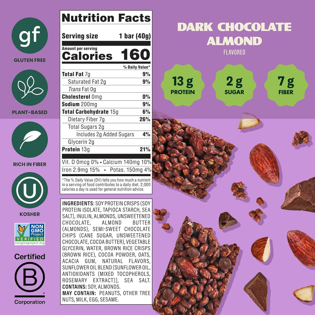 Simply Protein - Dark Chocolate Almond Crispy Bars - Plant Based Protein Bars - Low Carb, Low Sugar, High Fiber - 13g Protein, 2g Sugar, 7g Fiber - Vegan, Gluten Free, Non GMO, Kosher - 32 Bars
