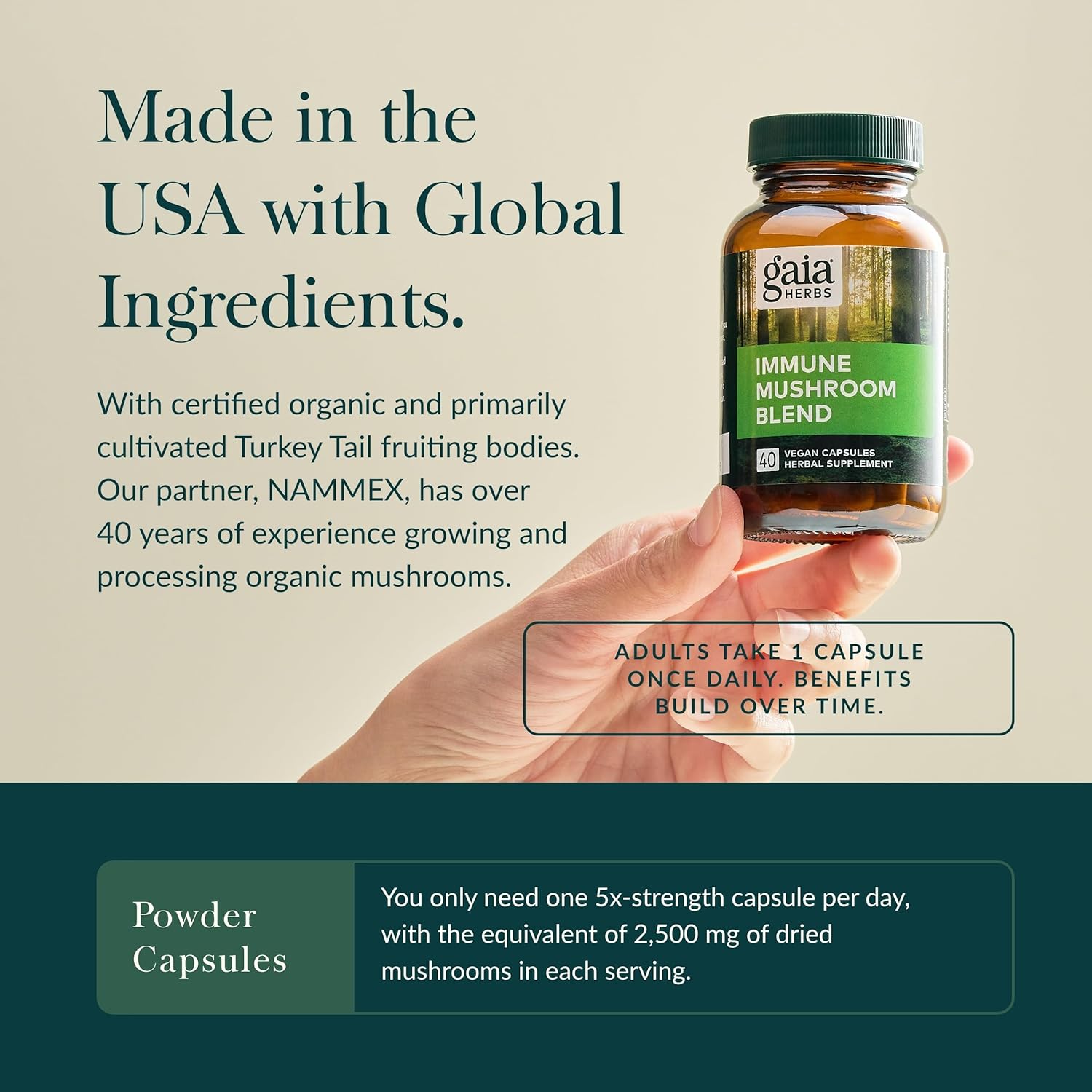 Gaia Herbs Immune Mushroom Blend - Immune Support Mushroom Supplement for Year-Round Health* - with Reishi, Cordyceps, Turkey Tail, Shiitake, and Chaga Mushrooms - 40 Vegan Capsules (40-Day Supply)