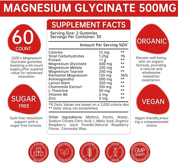 Magnesium Glycinate Gummies 500mg – Sugar Free Magnesium Gummies for Sleep, Stress, Muscle & Nerve Support – for Adults & Kids 4+, Vegan, No Melatonin (Raspberry Flavor, 60 Count)