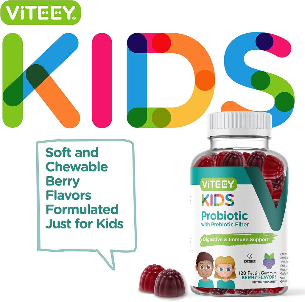 Viteey Probiotic Gummies for Kids Plus Prebiotics Fiber - 2 Billion CFUs - Digestive Health,Gut Health, Constipation Relief for Kids Support - Vegan, Gelatin Free - Chewable Probiotic Berry Flavored