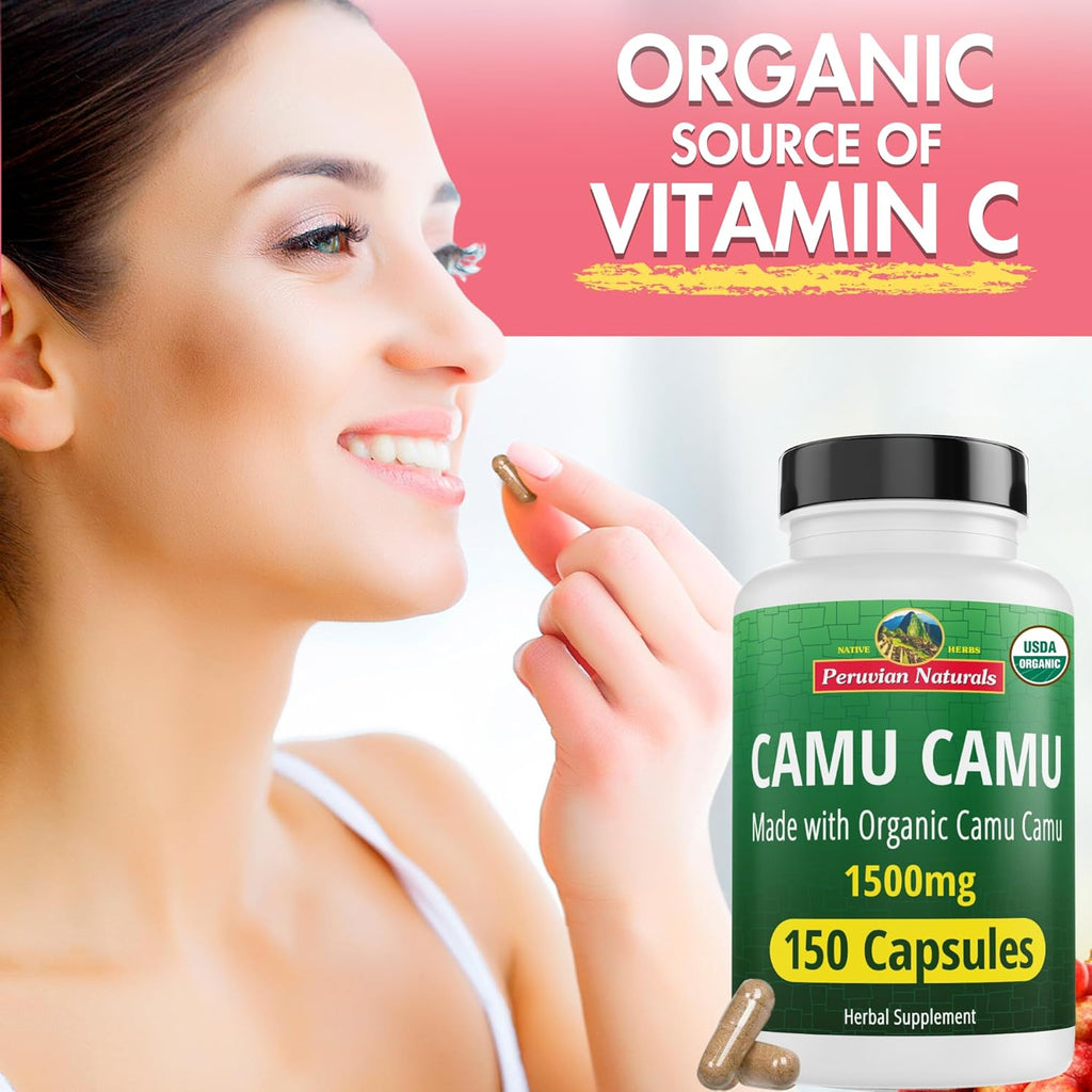 Peruvian Naturals Organic Vitamin C from Camu Camu Capsules 1,500mg - 150 Vegan Pills, Natural Vitamin C from Whole Food Camu Berry Organic, Non-GMO