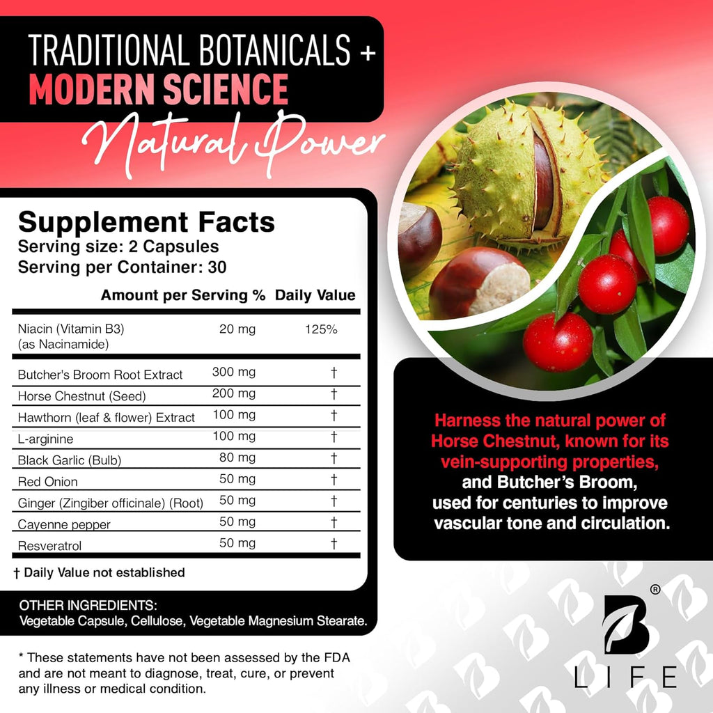 Circulation Support Supplement for Vein & Artery Health | Vascular Support with L-Arginine, Horse Chestnut & Butcher’s Broom | Promotes Healthy Leg Circulation & Vein Function | 60 Capsules