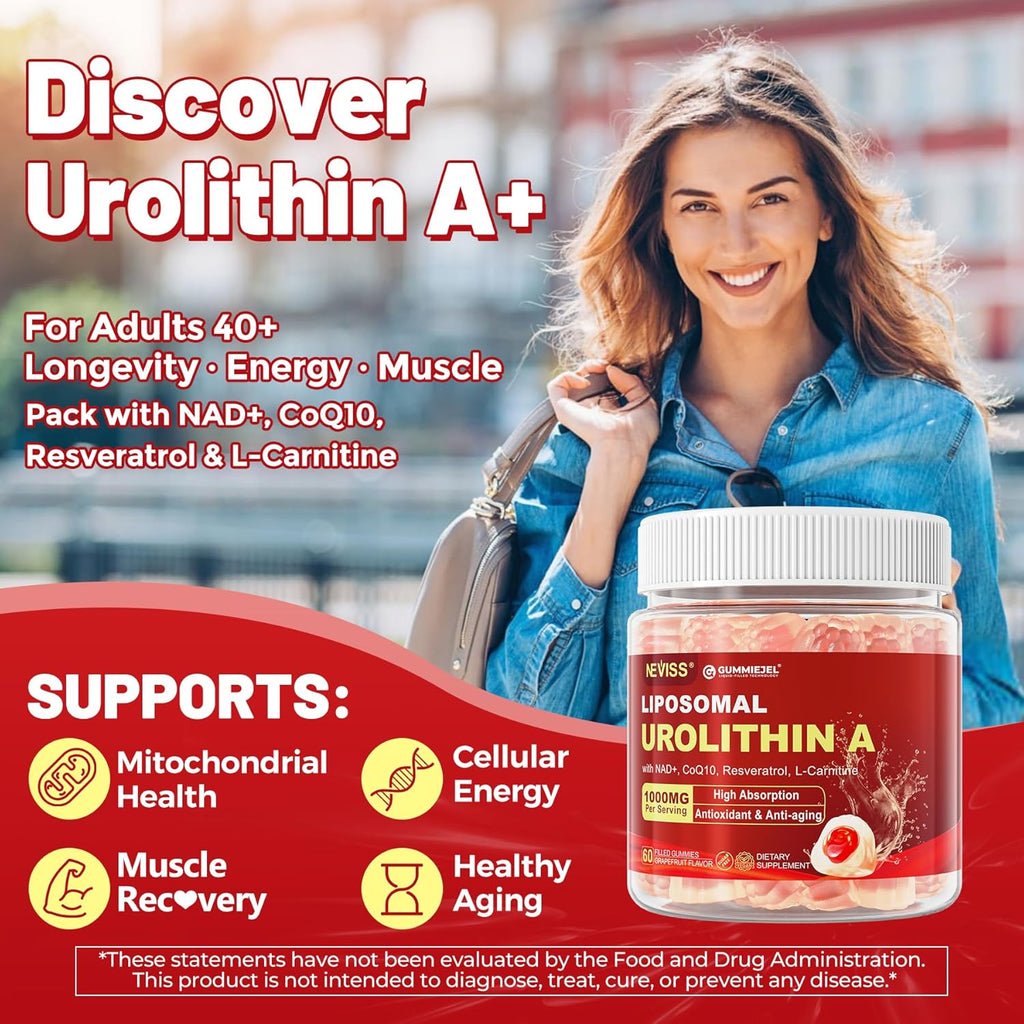 Urolithin A Gummies for Longevity & Muscle Energy, 1000mg Liposomal Urolithin A+ Supplement with NAD+, CoQ10, Resveratrol & L-Carnitine for Cellular, Mitochondrial, Brain & Heart Health, Vegan, 60ct