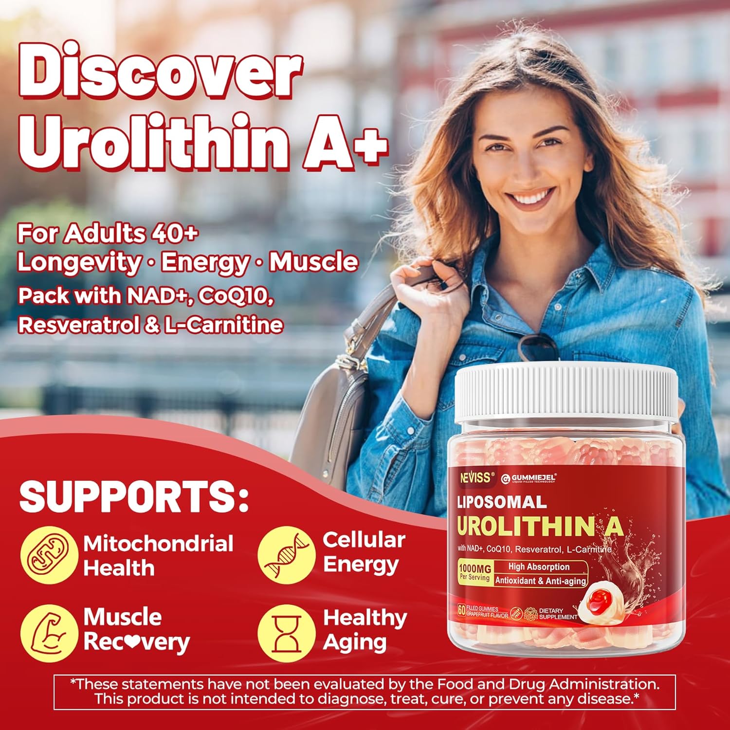Urolithin A Gummies for Longevity & Muscle Energy, 1000mg Liposomal Urolithin A+ Supplement with NAD+, CoQ10, Resveratrol & L-Carnitine for Cellular, Mitochondrial, Brain & Heart Health, Vegan, 60ct