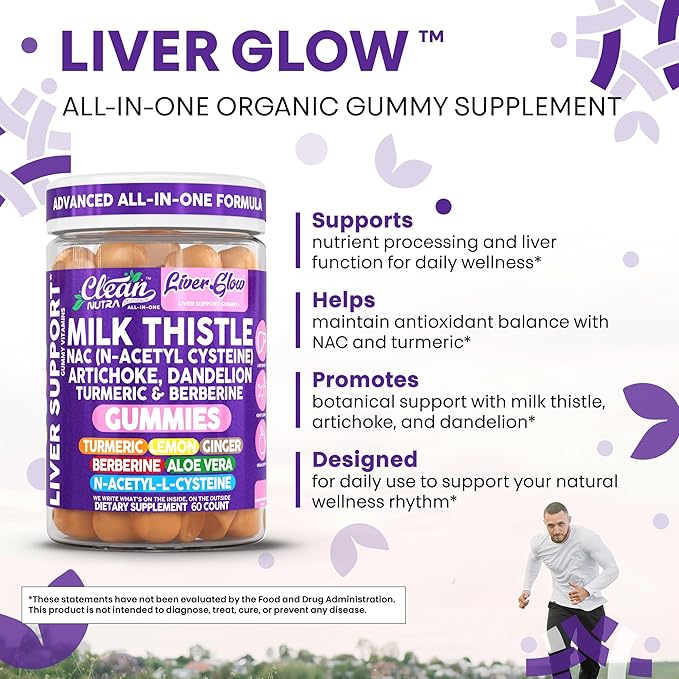 Clean Nutra Milk Thistle NAC Supplement N Acetyl Cysteine Artichoke Dandelion Root Turmeric Berberine Ginger Curcumin Gut Health Metabolism Detox & Cleanse 60 Gummies