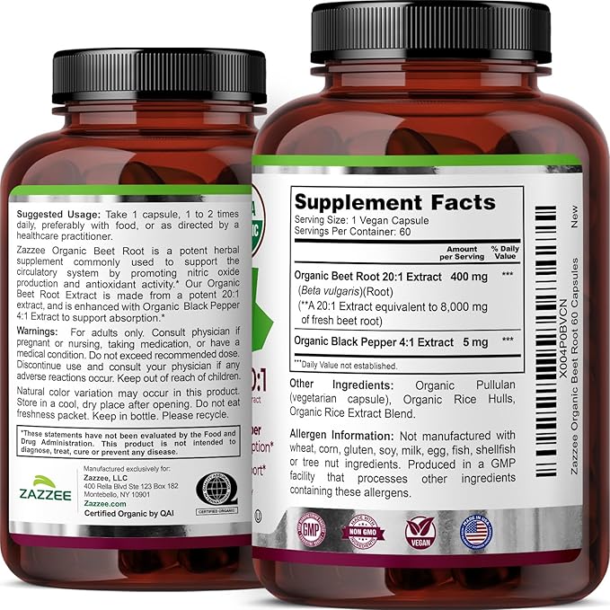 Zazzee USDA Organic Beet Root 8000 mg Strength 20:1 Extract, 60 Vegan Quick Release Capsules, Kosher, Supports Nitric Oxide Production, Black Pepper Extract for Enhanced Absorption, Made in The USA