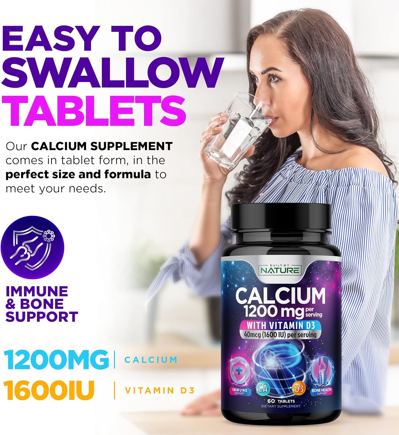 Calcium 1200mg with Vitamin D3 for Best Absorption - Advanced Bone Support Supplement, 1200 mg Calcium Carbonate & 1600 IU Vitamin D3, Slow Release for Immune Support, Easy to Swallow, 60 Tablets