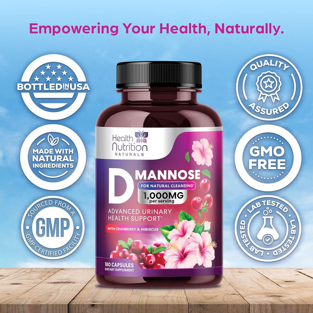 D-Mannose Supplement 1,350mg - with Cranberry, Hibiscus & Dandelion - Fast-Acting, Natural Urinary Tract & Bladder Support for Women & Men – Flush & Cleanse Impurities – Non-GMO, Vegan – 180 Capsules