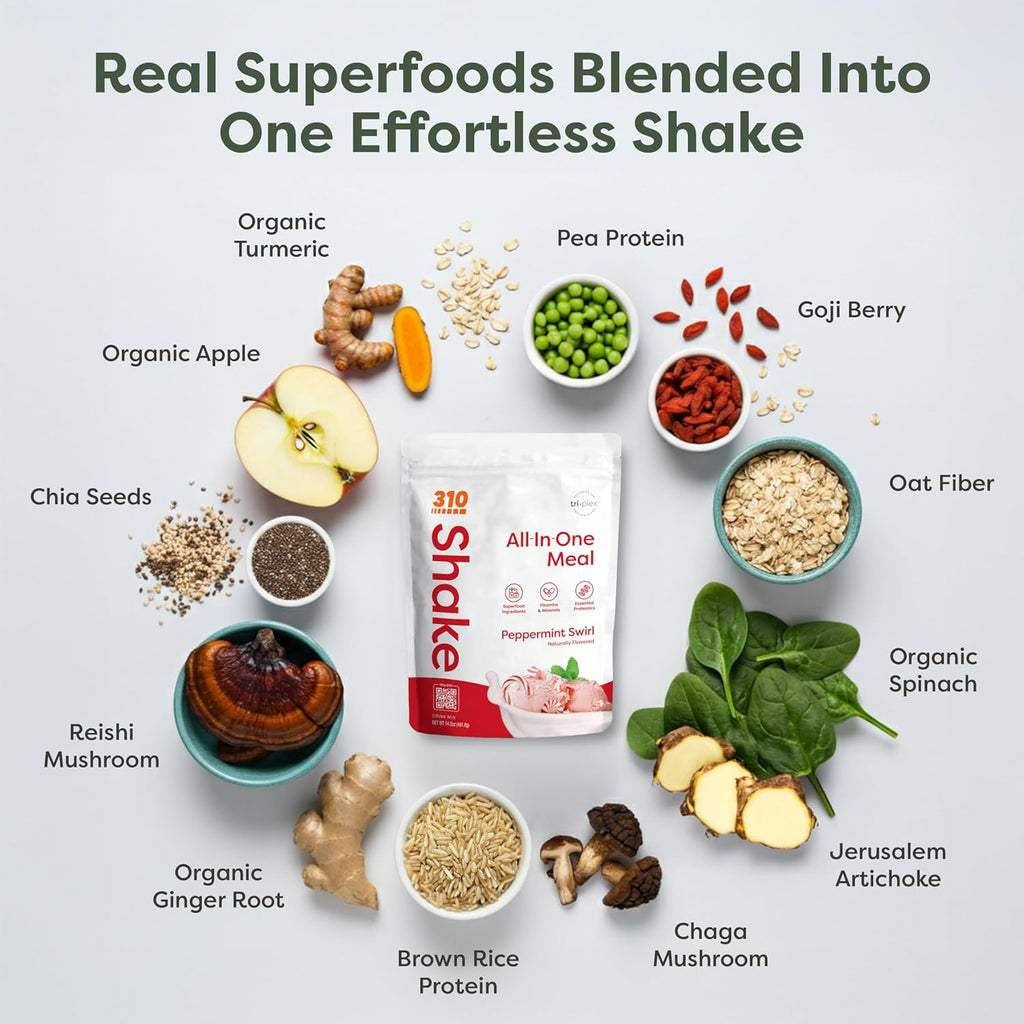 310 Nutrition All-In-One Meal Replacement Shake Powder - Plant-Based Protein Protein Powder with High-Fiber, Probiotics, Digestive Enzymes & Adaptogens - Low Carb Vegan Keto Friendly Superfoods Smoothie - Peppermint Swirl - 28 Servings