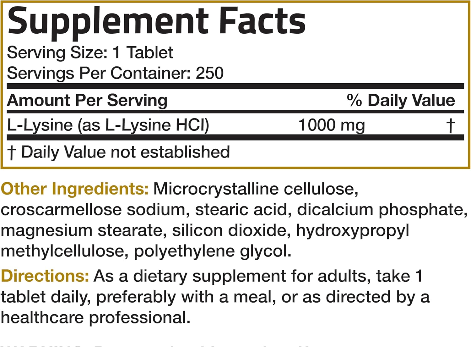 Bronson L-Lysine Extra Strength 1000 MG per Tablet High Potency, Immune Support & Supports Collagen Synthesis, Non-GMO, 250 Vegetarian Tablets