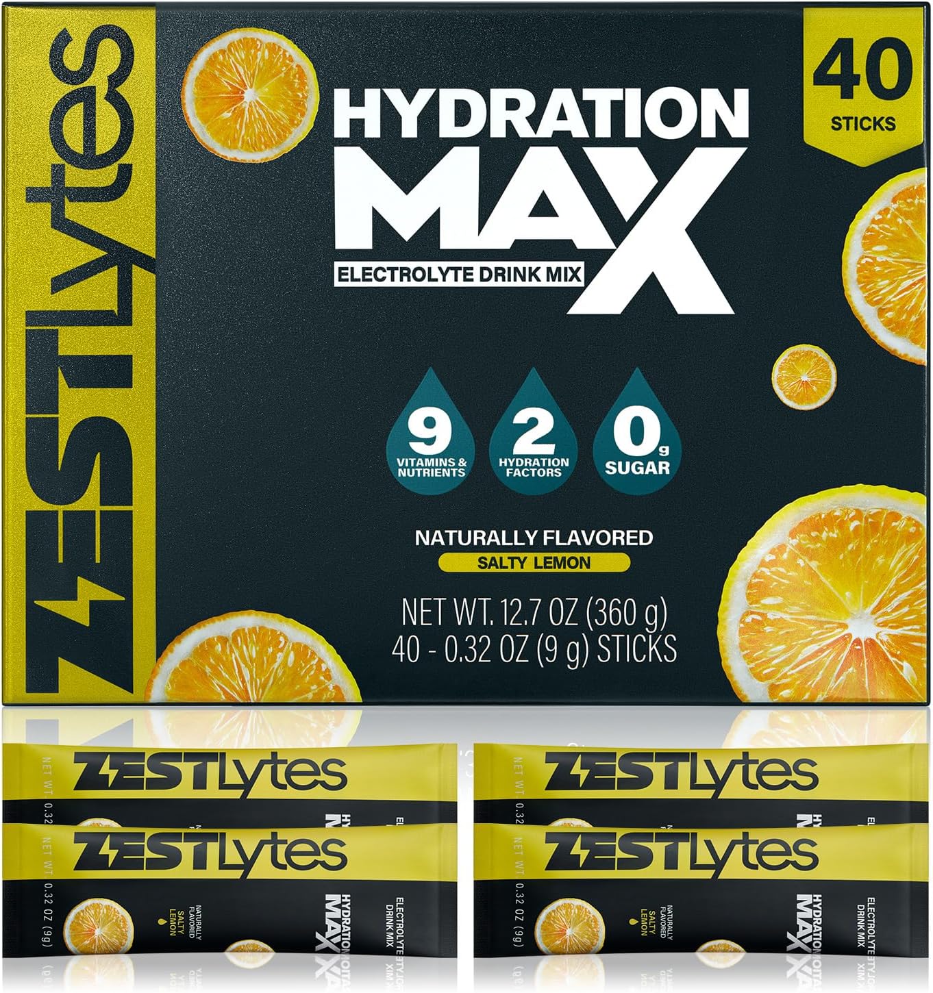 Salty Lemon Flavor Sugar Free Electrolyte Hydration Packets, 40 Sticks Electrolyte Powder Drink Mix, Liquid Daily IV Flavors | 9 Vitamins & Nutrients | 2 Hydration Factors