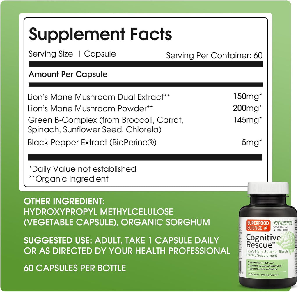 Cognitive Rescue, Lion's Mane Mushroom Capsules w/ Lion's Mane Dual Extract, Nootropics, Brain Supplement for Memory and Focus, Mushroom Immune Support w/ B Vitamins Complex, BioPerine, 60 capsules