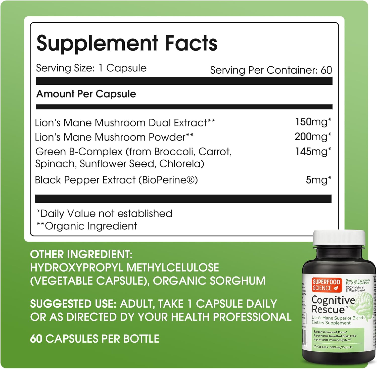 Cognitive Rescue, Lion's Mane Mushroom Capsules w/ Lion's Mane Dual Extract, Nootropics, Brain Supplement for Memory and Focus, Mushroom Immune Support w/ B Vitamins Complex, BioPerine, 60 capsules