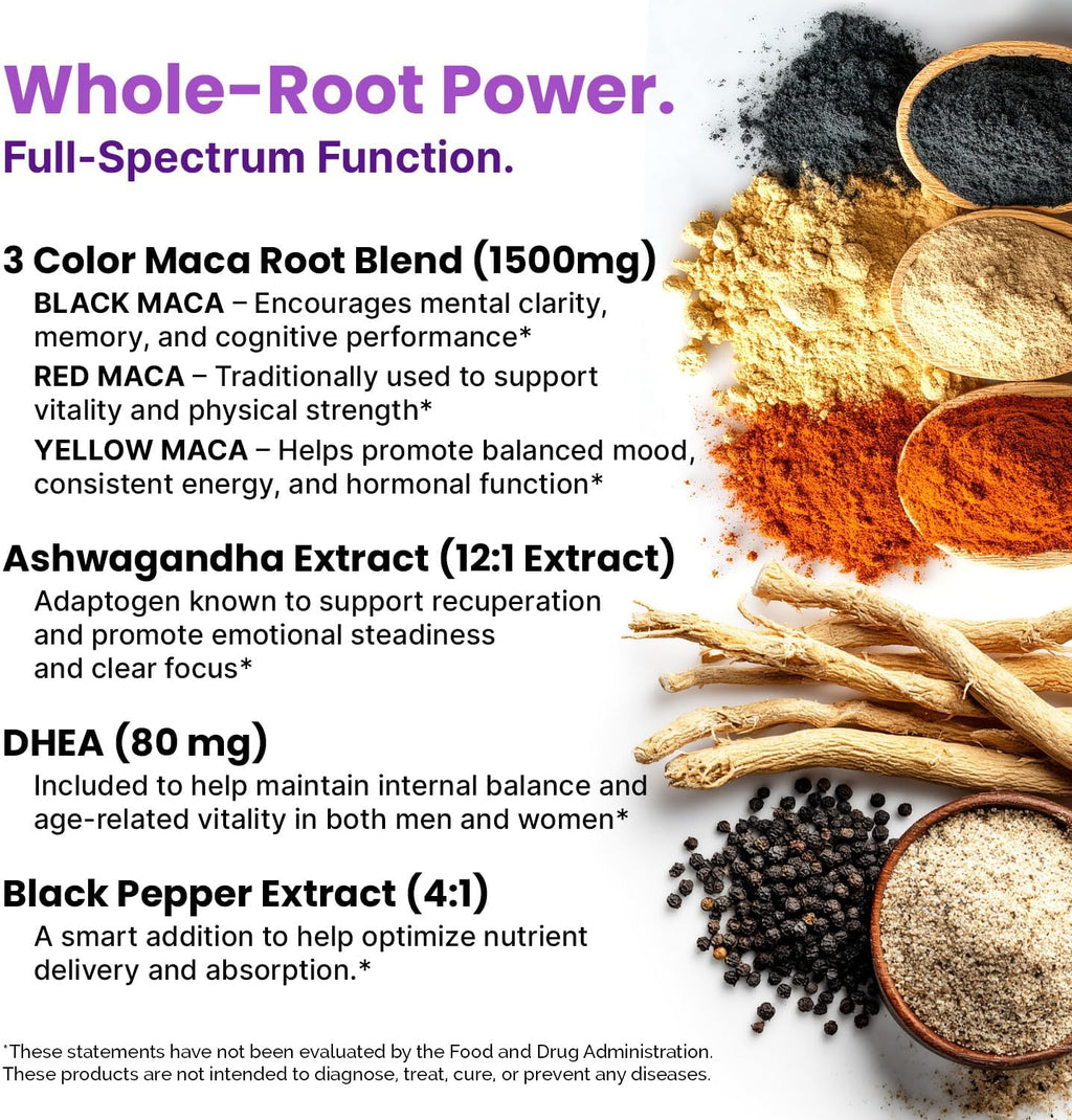 6-in-1 Organic Maca Root Ashwagandha Capsules 1710mg with DHEA and Black Pepper Fruit Extract for Women and Men - Black Maca Supplement for Stamina, Bone and Mood Support Supplement, 120ct (Pack of 3)