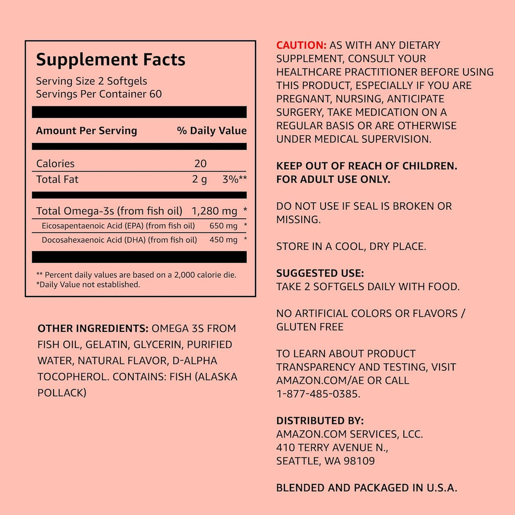 Amazon Elements Super Omega-3, EPA & DHA Omega-3 fatty acids (1280 mg per Serving, 2 Softgels), Natural Lemon Flavor, 120 Count (Packaging may vary)
