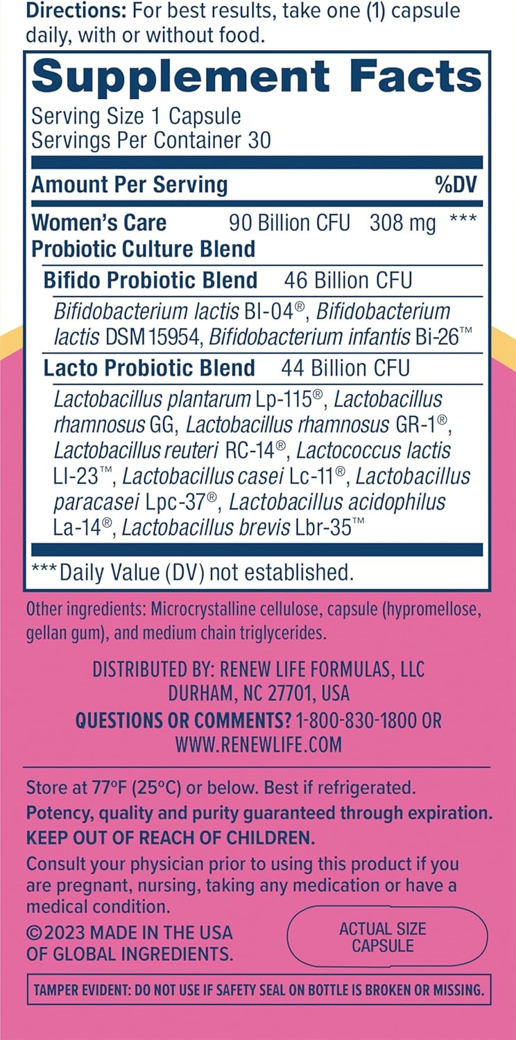 Renew Life Women's Probiotic Capsules, Supports pH Balance for Women, Vaginal, Urinary, Digestive and Immune Health, L. Rhamnosus GG, Dairy, Soy and Gluten-Free, 90 Billion CFU - 30 Ct