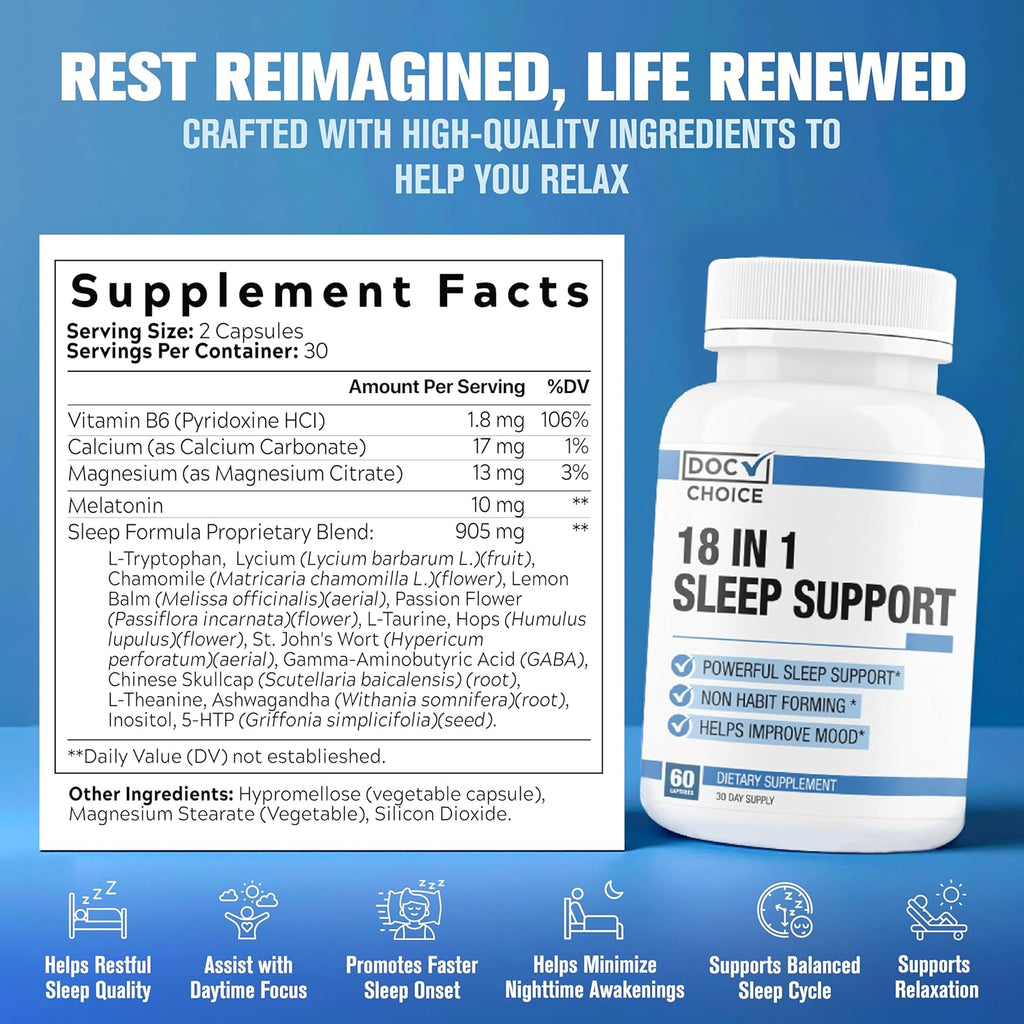 Doc Choice - 18 in 1 Sleep Support New for Adults Total Formula | Mood, Sleep, Restfulness Support | 18 Research Backed Ingredients | Melatonin, Magnesium, GABA, Ashwagandha & More - 60 Caps