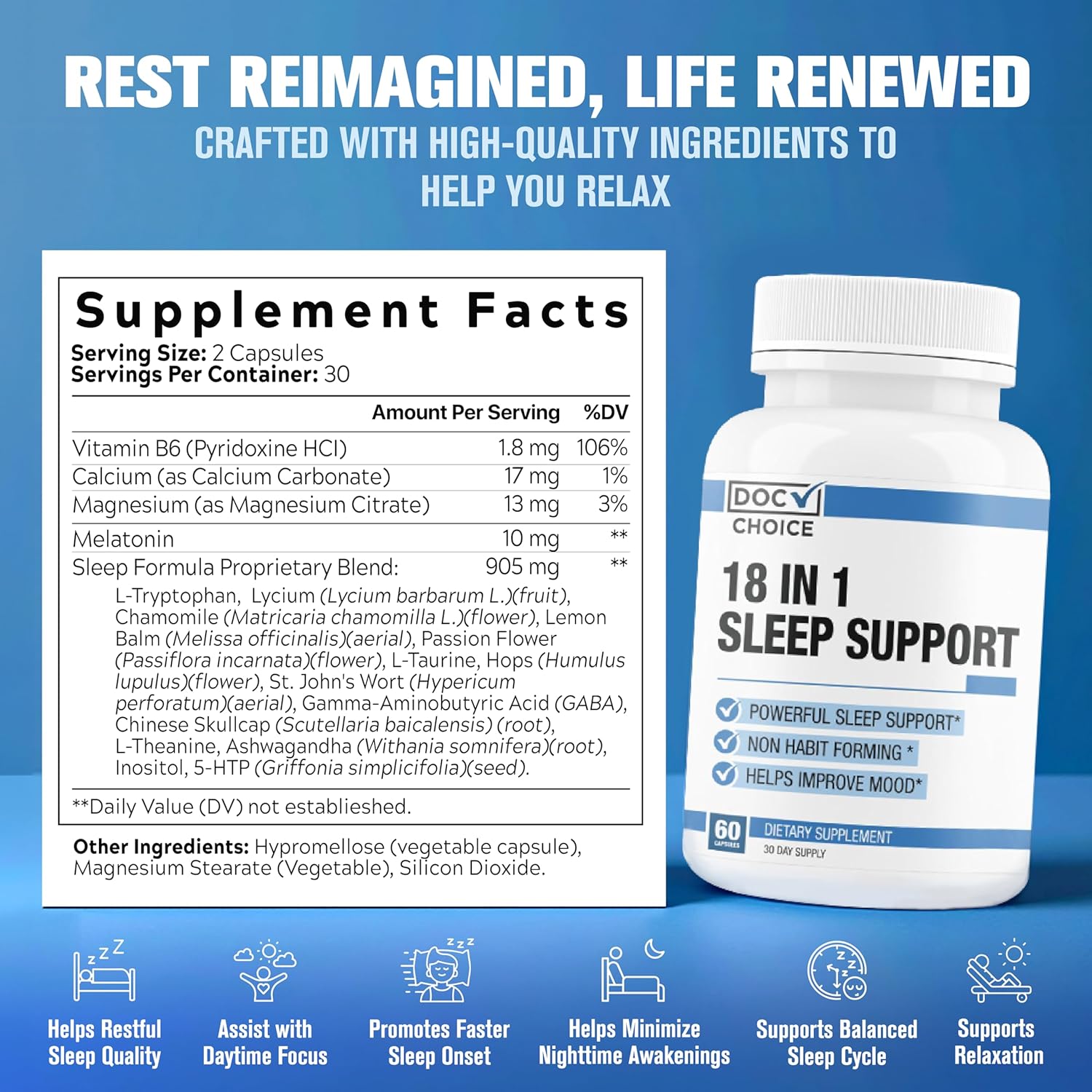 Doc Choice - 18 in 1 Sleep Support New for Adults Total Formula | Mood, Sleep, Restfulness Support | 18 Research Backed Ingredients | Melatonin, Magnesium, GABA, Ashwagandha & More - 60 Caps