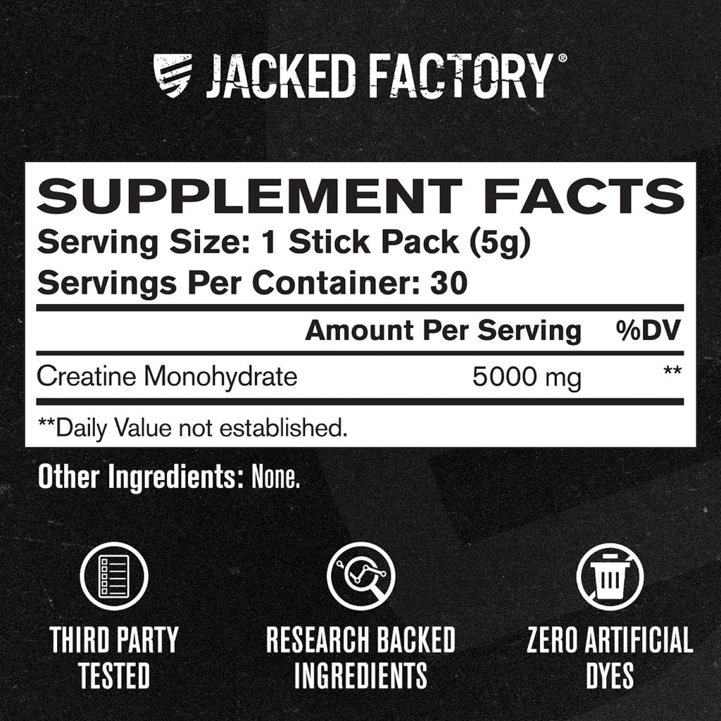 Jacked Factory Creatine Monohydrate Stick Packs 150g - 5g Daily Creatine Supplement for Men and Women, Vegan-Friendly, Third-Party Tested - 30 Servings, Unflavored