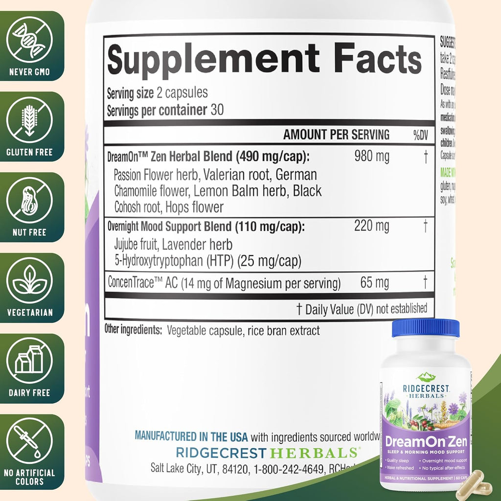Ridgecrest Herbals DreamOn Zen, Sleep Support Supplement, Melatonin Free, Magnesium, 5-HTP, Lavender, Chamomile, Valerian, Lemon Balm for Adults and Children 12+ (60 Caps, 30 Serv)