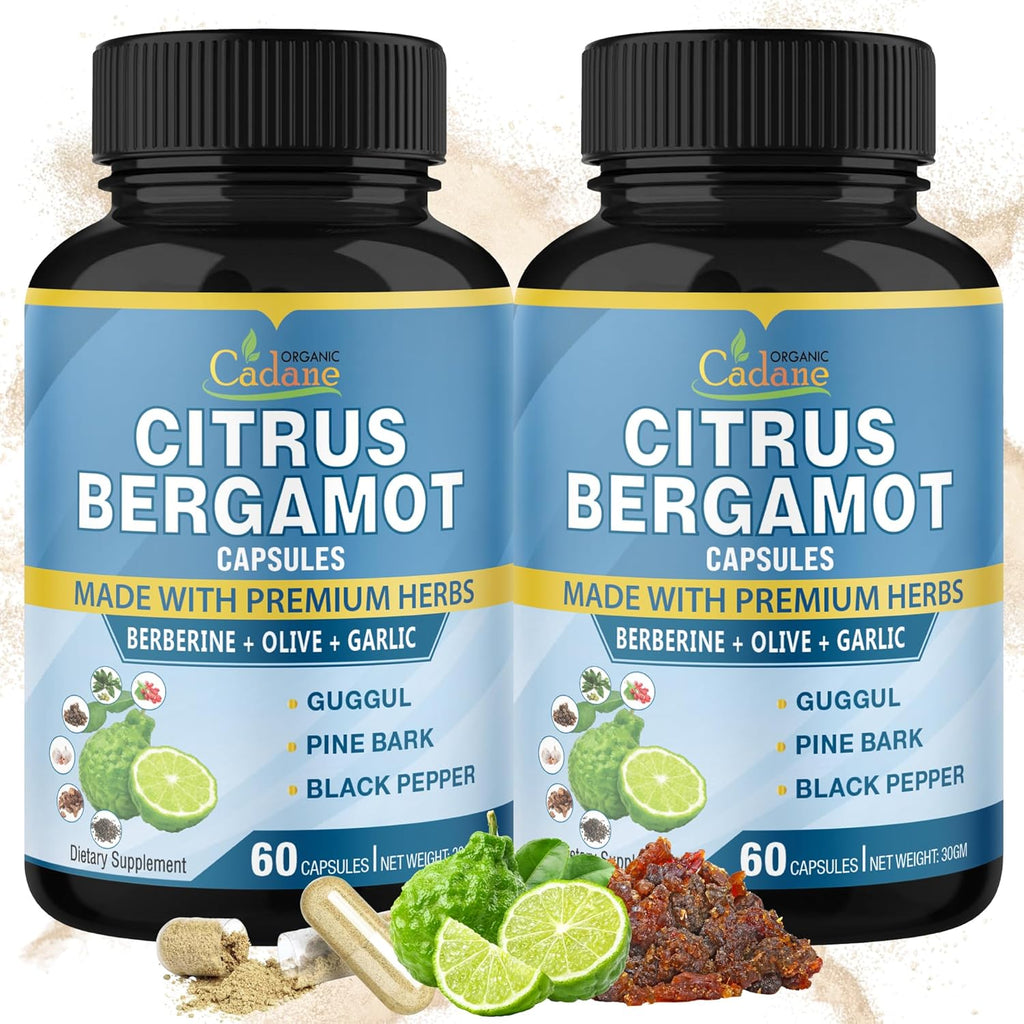 Organic Cadane 2 Packs Citrus Bergamot Extract Capsules with Berberine, Olive, Guggul, Garlic, Pine Bark, Black Pepper | 4 Months Supply