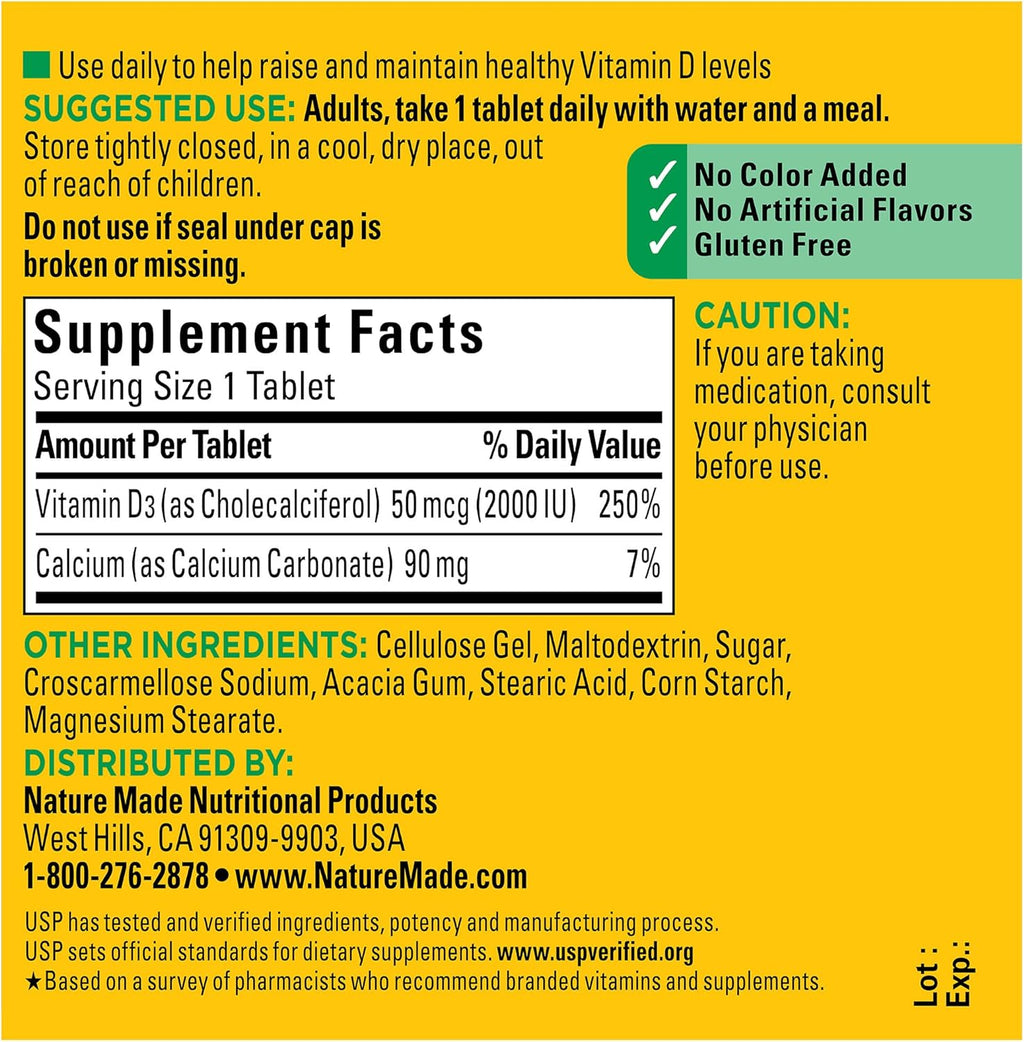 Nature Made Vitamin D3 2000 IU (50 mcg), Vitamin D Supplement for Bone, Teeth, Muscle and Immune Health Support, 100 Tablets, 100 Day Supply