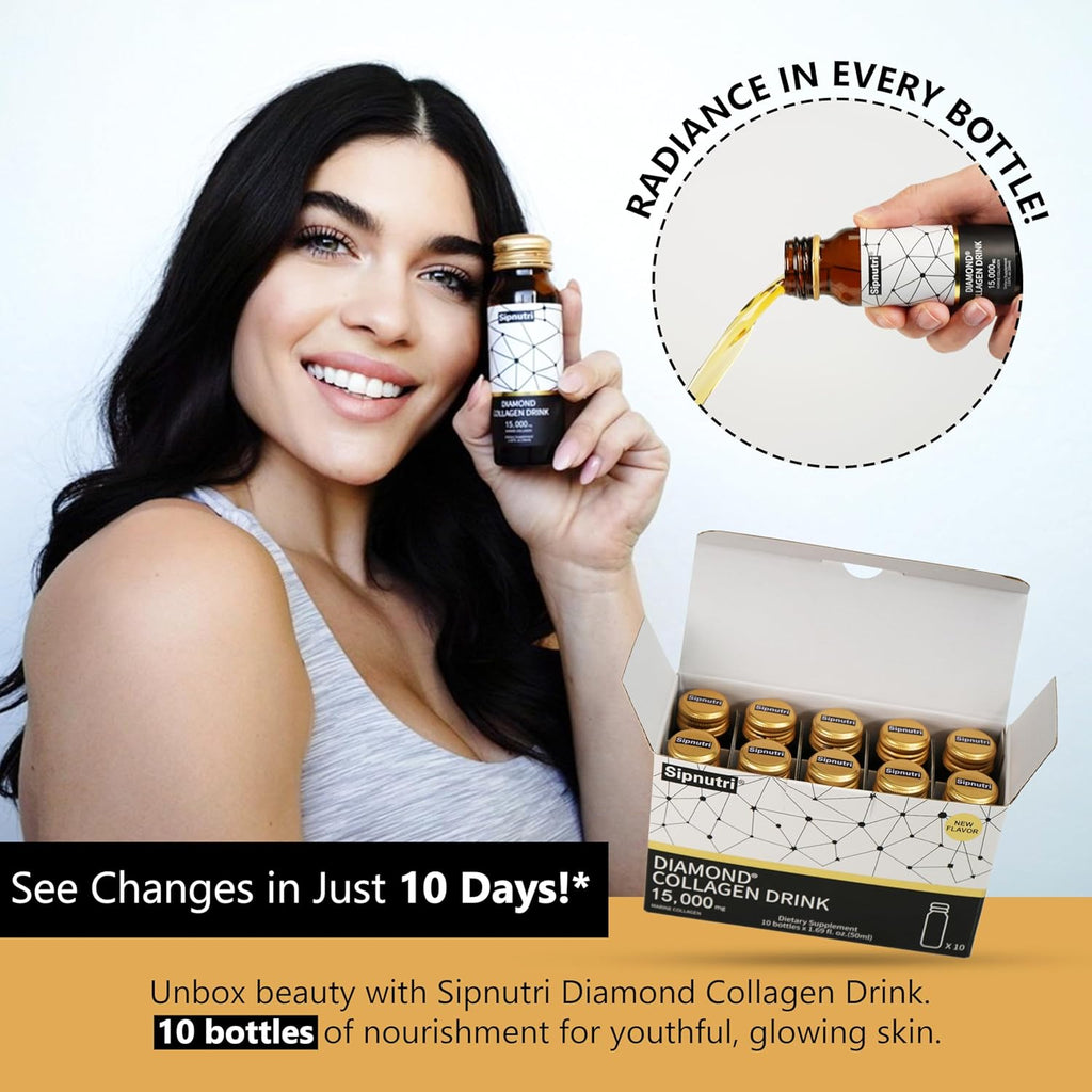 Diamond Liquid Collagen Drink, Gift for Man & Women, 15000 mg Hydrolyzed Marine Collagen Peptides with Vitamin C, Pomegranate, Healthy Hair Skin Nails Joints Bones Support, 50 ml x 10 Bottles