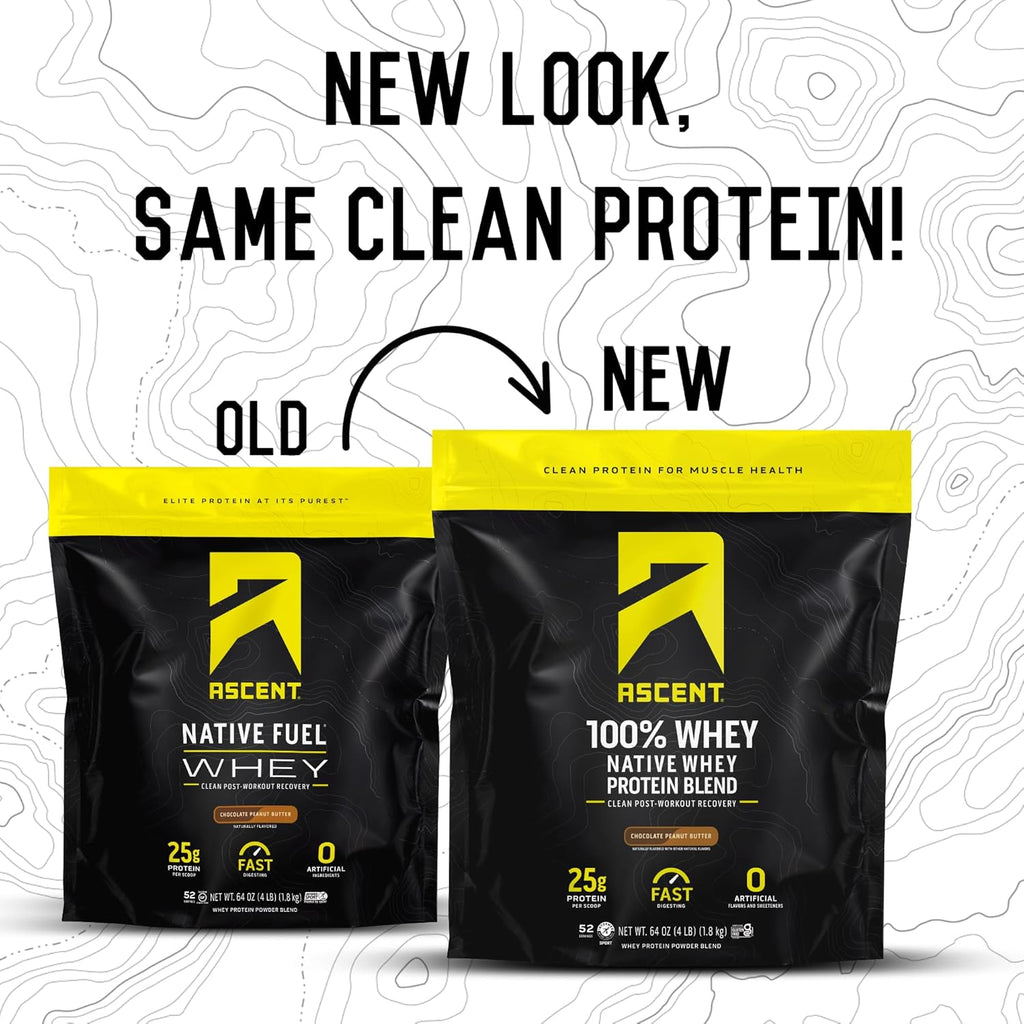 Ascent 100% Whey Protein Powder - Post Workout Whey Protein Isolate, Zero Artificial Flavors & Sweeteners, Gluten Free, 5.5g BCAA, 2.6g Leucine, Essential Amino Acids, Chocolate Peanut Butter 4 lb