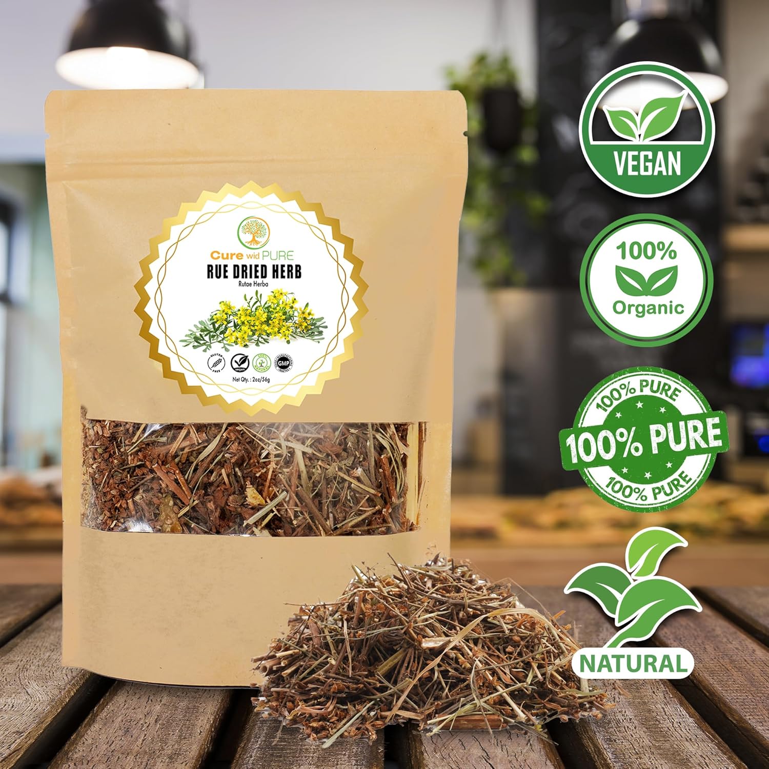 Cure wid Pure Dried Rue Herb - Ruda Planta Natural In Eco-Friendly Resealable Pouch - Rich Taste & Aromatic Dried Rue Plant Herbal Tea 2 oz/56 g
