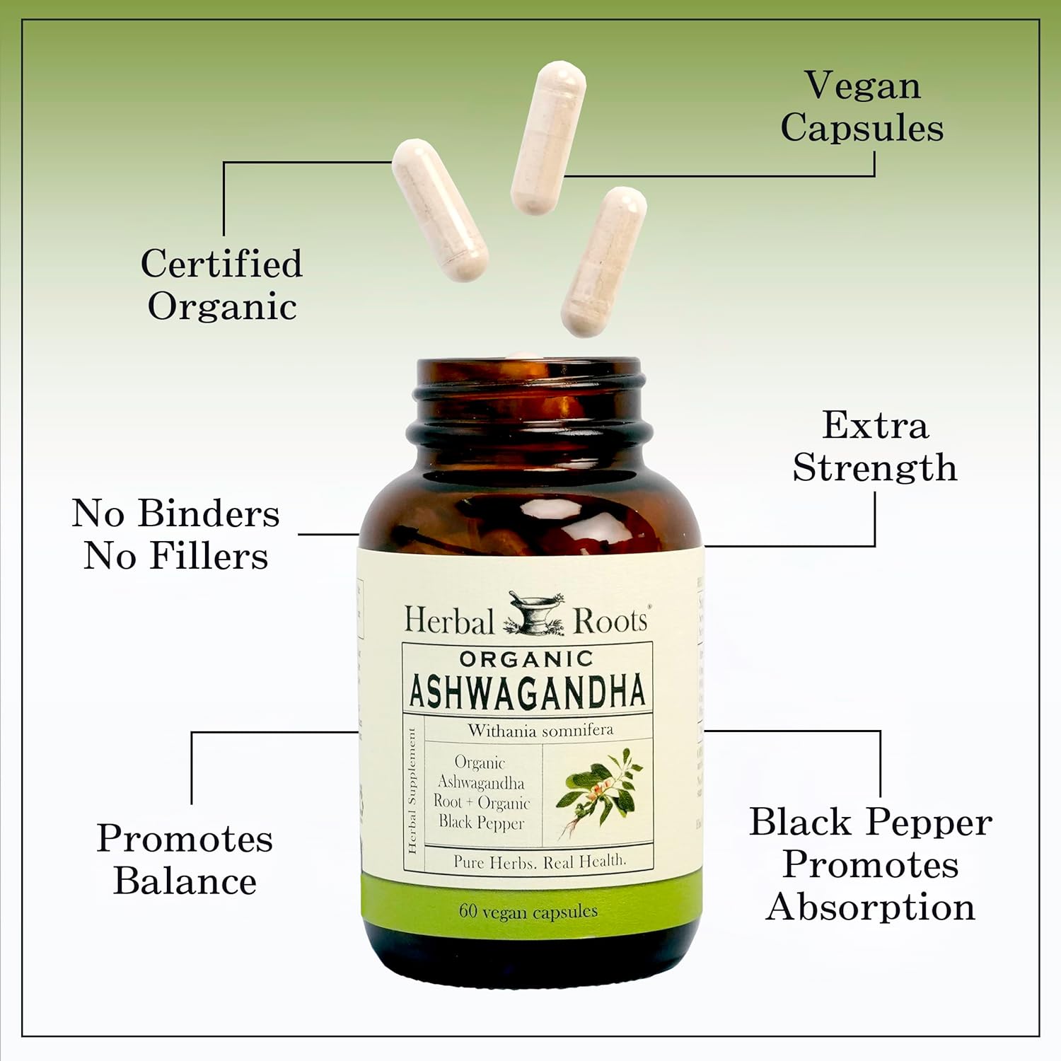Herbal Roots Ashwagandha Capsules | Extra Strength 1,000mg per Serving | Ayurvedic for Overall Health for Men and Women | 60 Vegan Capsules