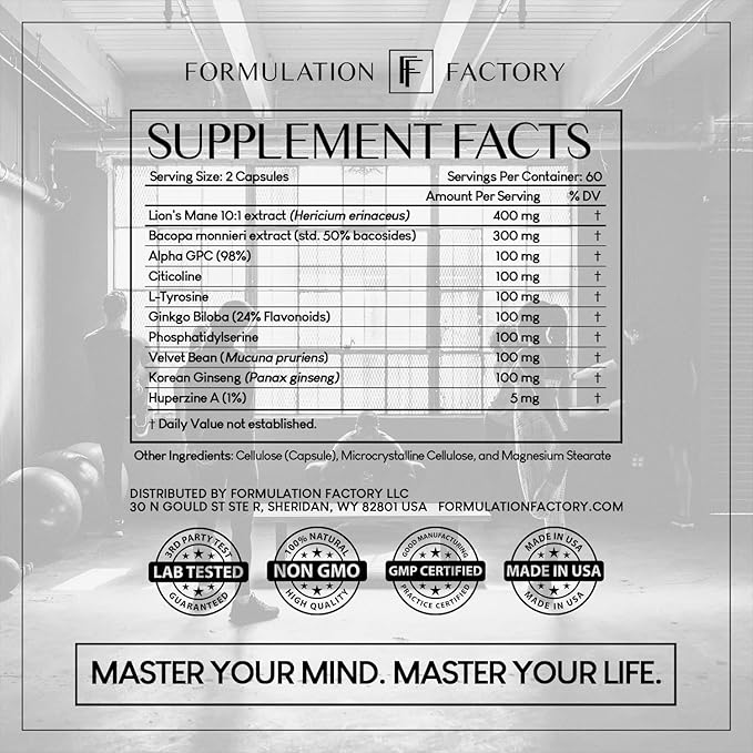 Formulation Factory Boss Mode 10-in-1 Nootropic Cognitive Enhancement Supplement, Focus & Memory Booster, Featuring Lion’s Mane, Bacopa Monnieri, Alpha-GPC, Ginseng & More 360 Capsules (3 Pack)