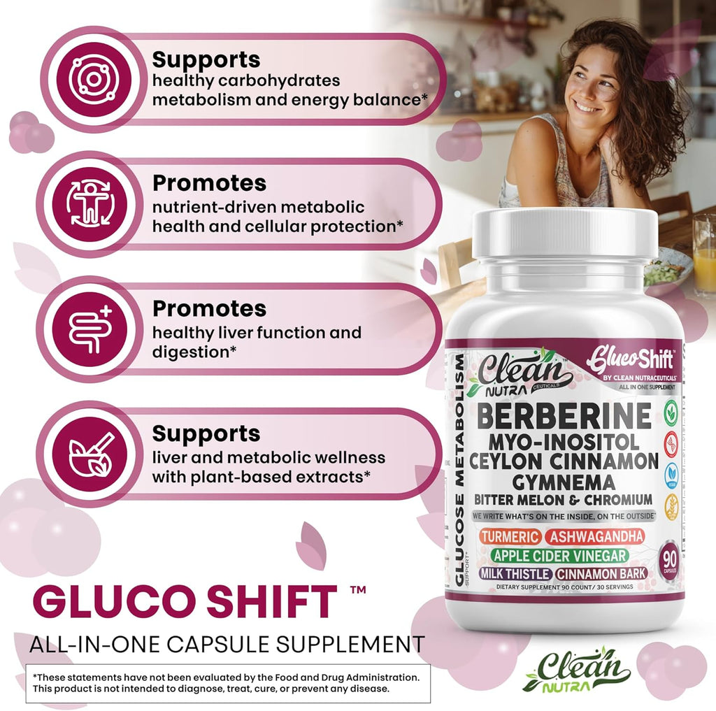 Clean Nutra Berberine Supplement with Ceylon Cinnamon Myo-Inositol Gymnema Bitter Melon & Chromium | Berberine HCI Root Extract Complex | 90 Capsules | Vegan, Gluten-Free, Non-GMO