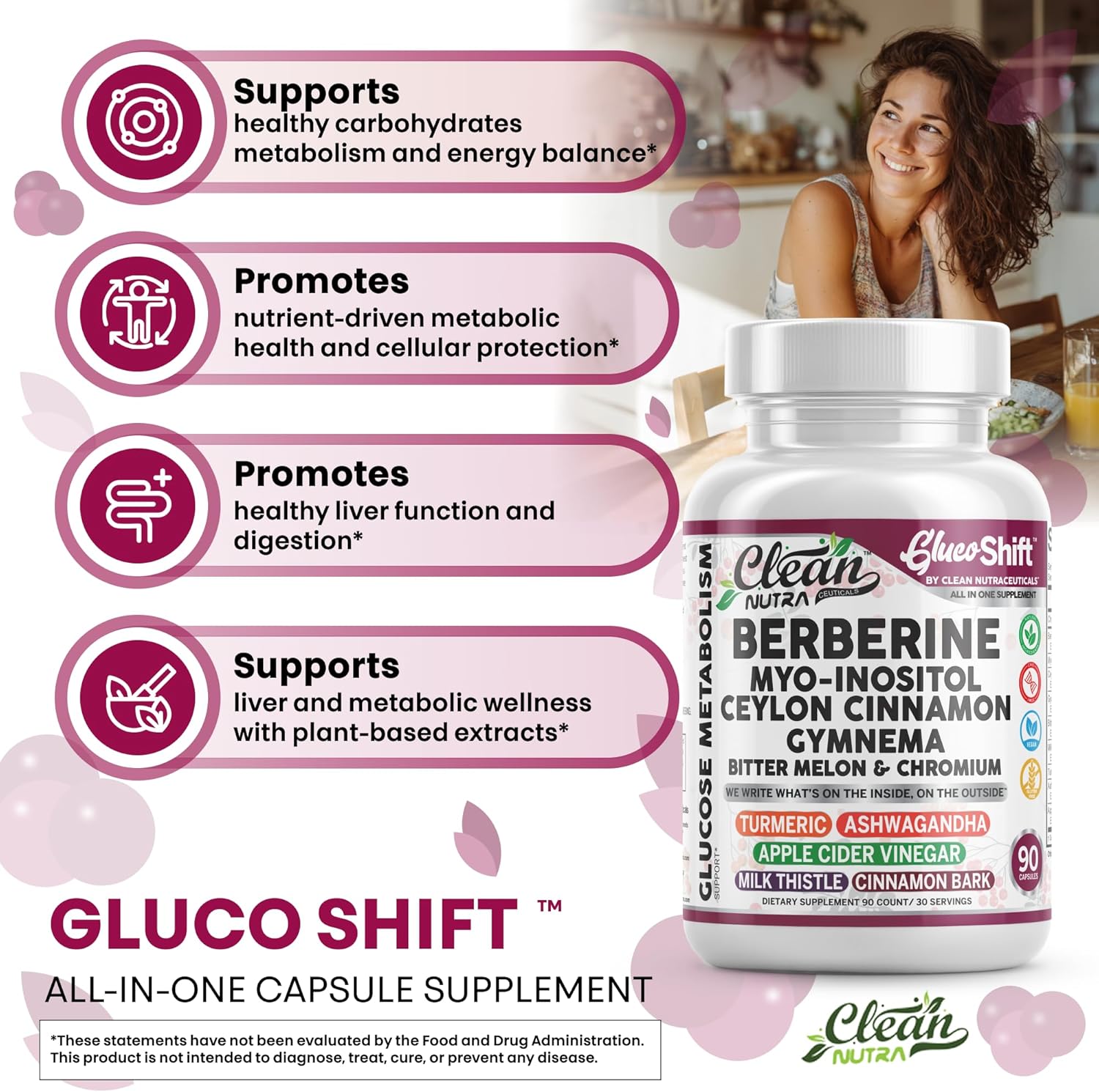 Clean Nutra Berberine Supplement with Ceylon Cinnamon Myo-Inositol Gymnema Bitter Melon & Chromium | Berberine HCI Root Extract Complex | 90 Capsules | Vegan, Gluten-Free, Non-GMO