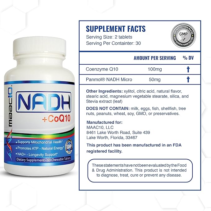 MAAC10 NADH + CoQ10 Chewable Tablets (3-Pack - 180 Tablets) | 50mg PANMOL® NADH + 100mg CoQ10 Supports Fatigue, Energy and NAD+, Non-GMO, Gluten Free, Vegetarian (3 Month Supply)
