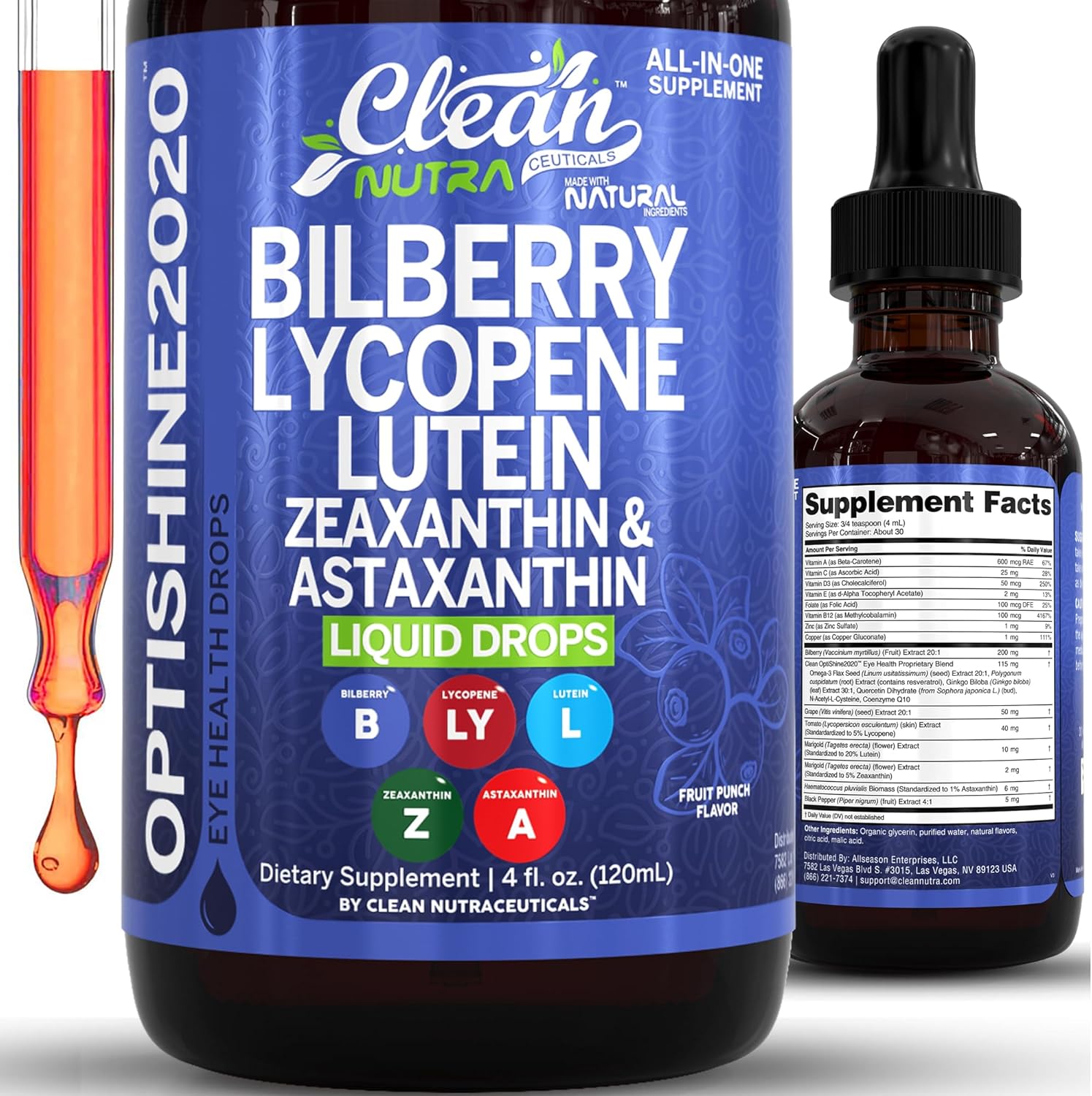 Clean Nutra Eye Vitamins Liquid Drops | Bilberry Lutein & Zeaxanthin Lycopene Astaxanthin | All-in-One Care for Eyes | Eye Health Support Vitamin and Mineral Supplement Fruit Flavor