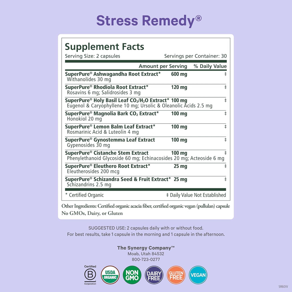 PURE SYNERGY Stress Remedy | Soothing Supplement with Ashwagandha | Organic Adaptogen Support from Rhodiola, Lemon Balm, and Holy Basil | for Stress Relief, Adrenal Health, and Mood (60 Capsules)