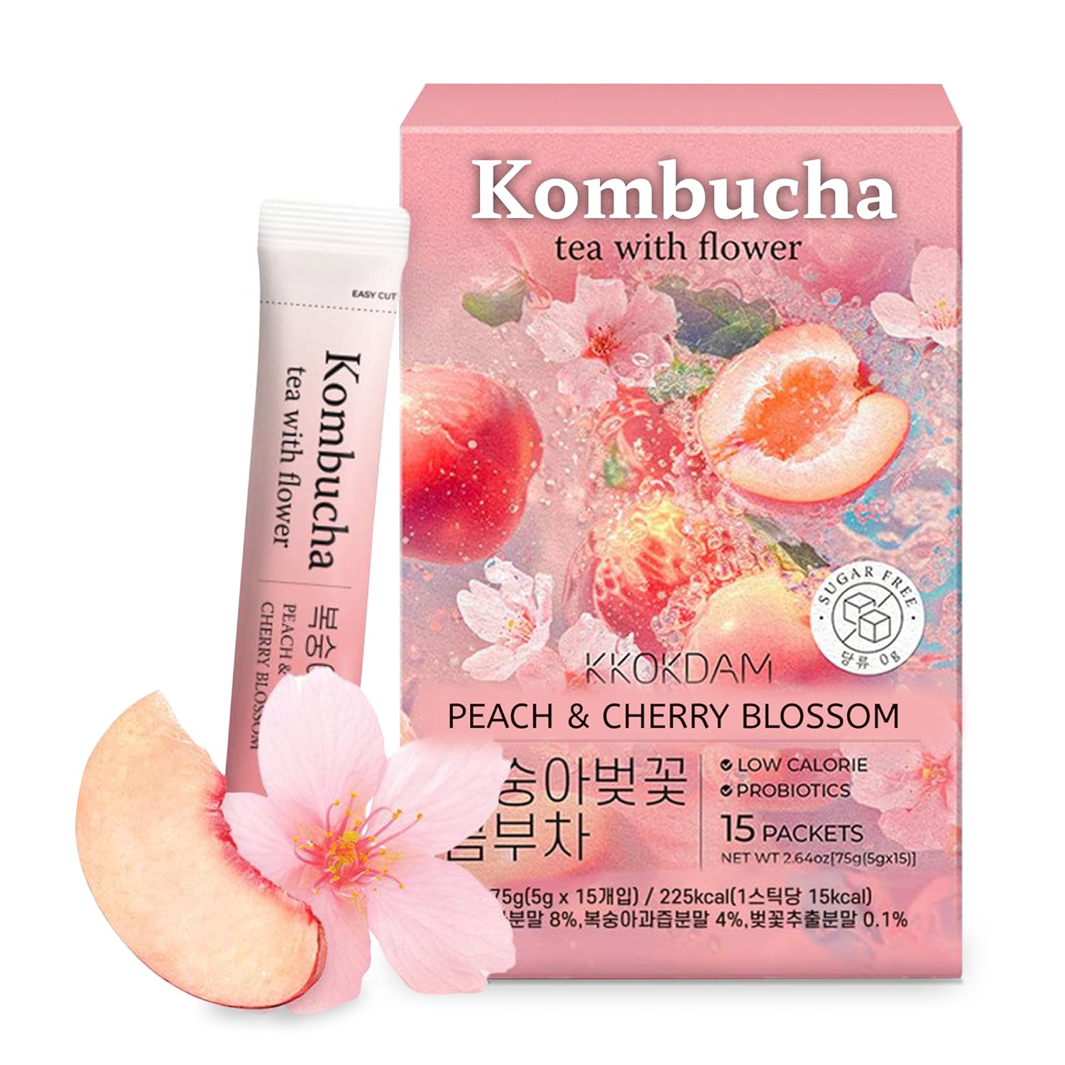KKOKDAM Kombucha Tea - Peach & Cherryblossom Korean Tea - Kombucha Drinks Probiotic Support, Low Calorie, Sugar Free Kombucha Pack - 15 Packs