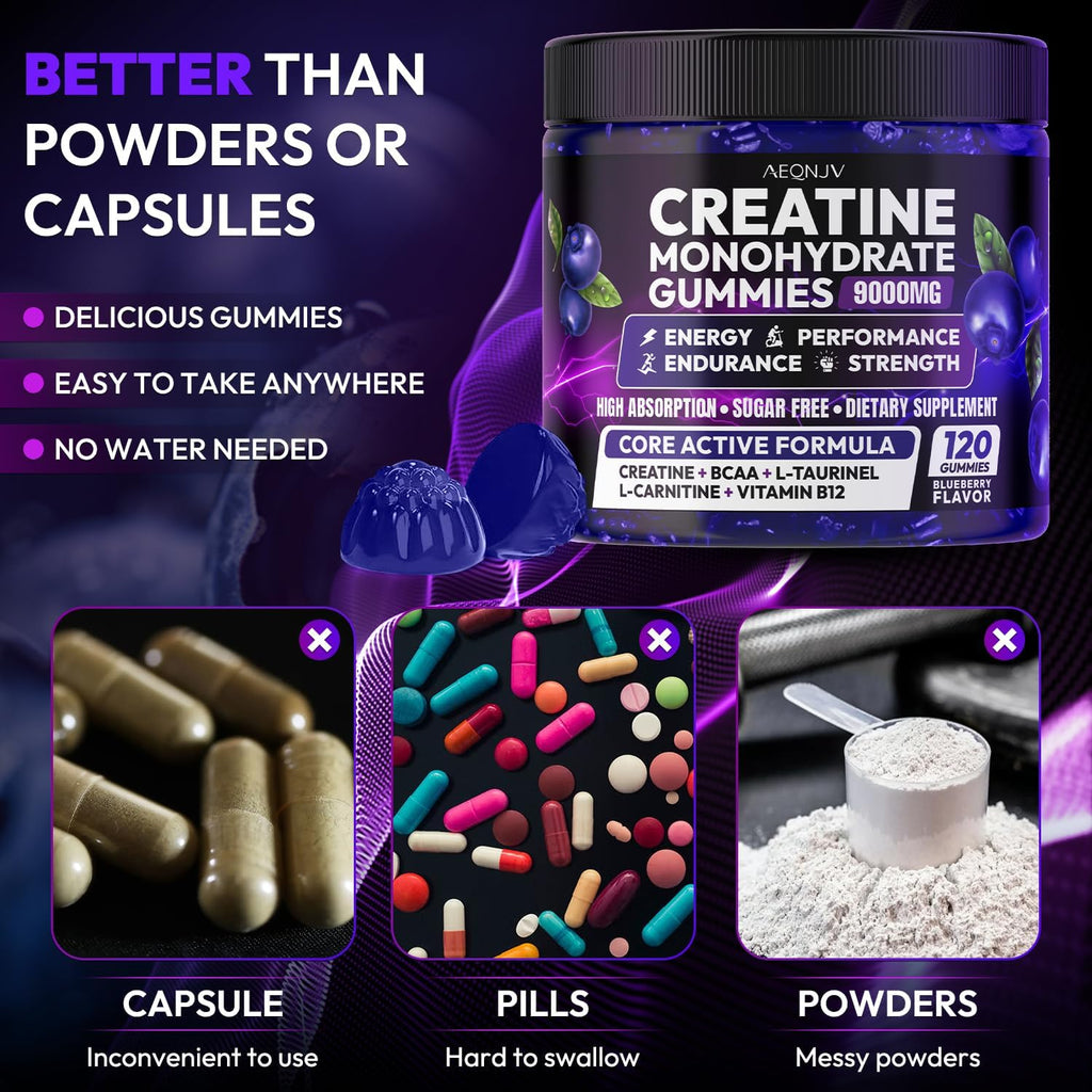 Creatine Gummies Monohydrate Complex for Men & Women, 9000MG Creatine Pre-Workout Supplement Enhance Muscle Strength Recovery Cognitive Health & Memory, 120 Gummies Sugar Free Vegan Non-GMO