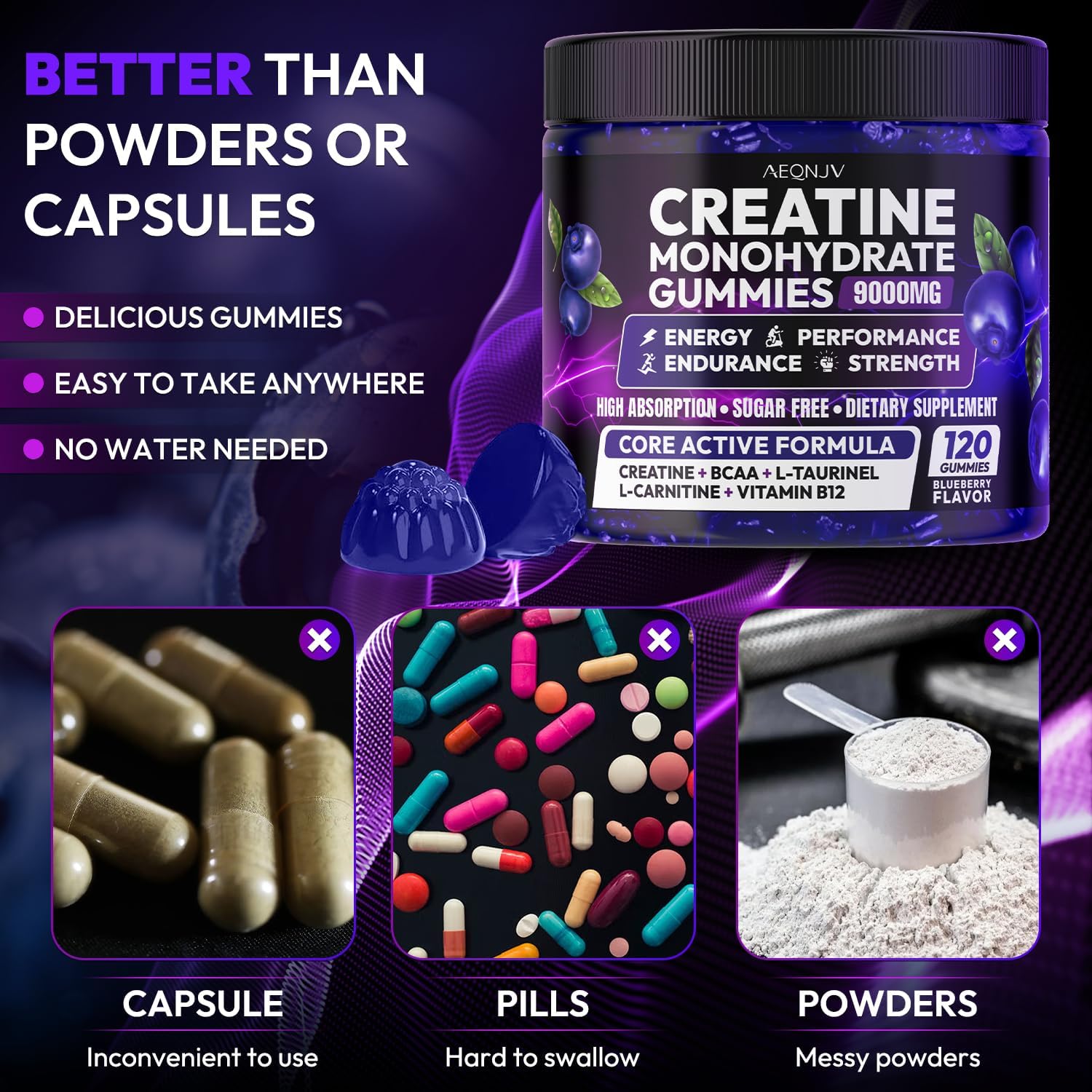 Creatine Gummies Monohydrate Complex for Men & Women, 9000MG Creatine Pre-Workout Supplement Enhance Muscle Strength Recovery Cognitive Health & Memory, 120 Gummies Sugar Free Vegan Non-GMO