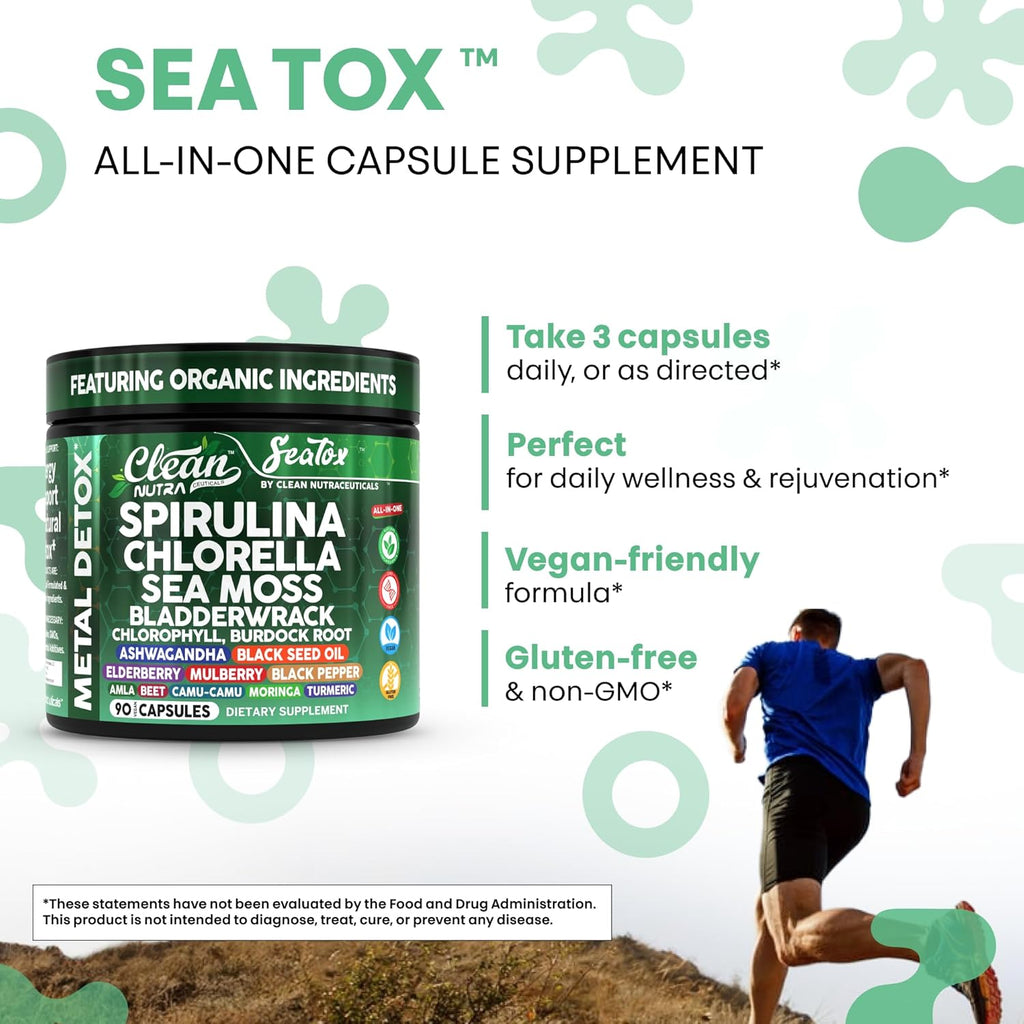 Sea Tox Organic Spirulina and Chlorella Capsules Natural Cleansing & Nourishment Sea Moss Bladderwrack Chlorophyll Burdock Root Ashwagandha Turmeric 90 Vegan Black Seed Oil Capsules by Clean Nutra