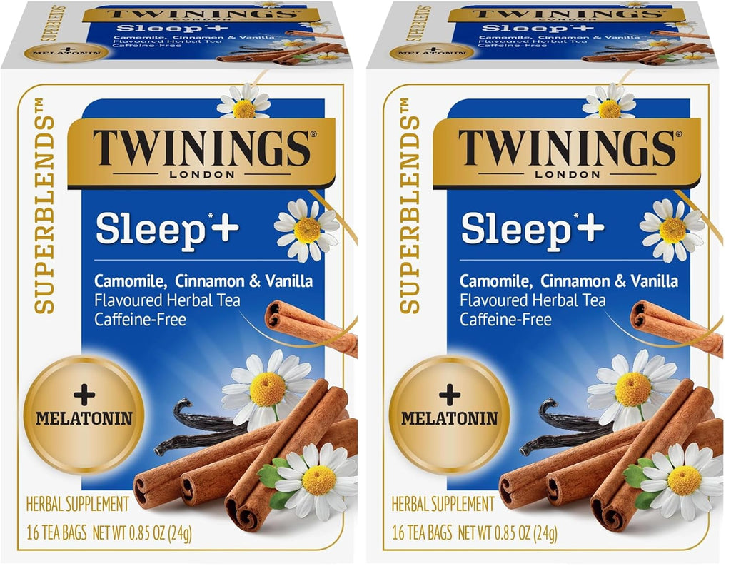 Twinings Superblends Sleep+ Herbal Tea with 1mg Melatonin Camomile, Cinnamon & Vanilla, Naturally Caffeine-Free, 16 Tea Bags (Pack of 2), Enjoy Hot or Iced