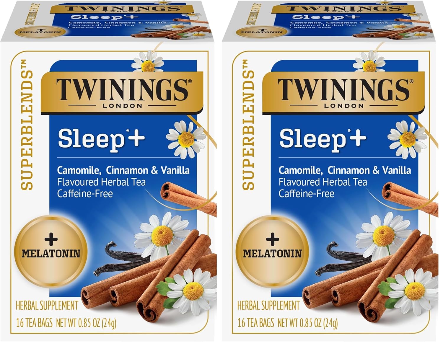 Twinings Superblends Sleep+ Herbal Tea with 1mg Melatonin Camomile, Cinnamon & Vanilla, Naturally Caffeine-Free, 16 Tea Bags (Pack of 2), Enjoy Hot or Iced