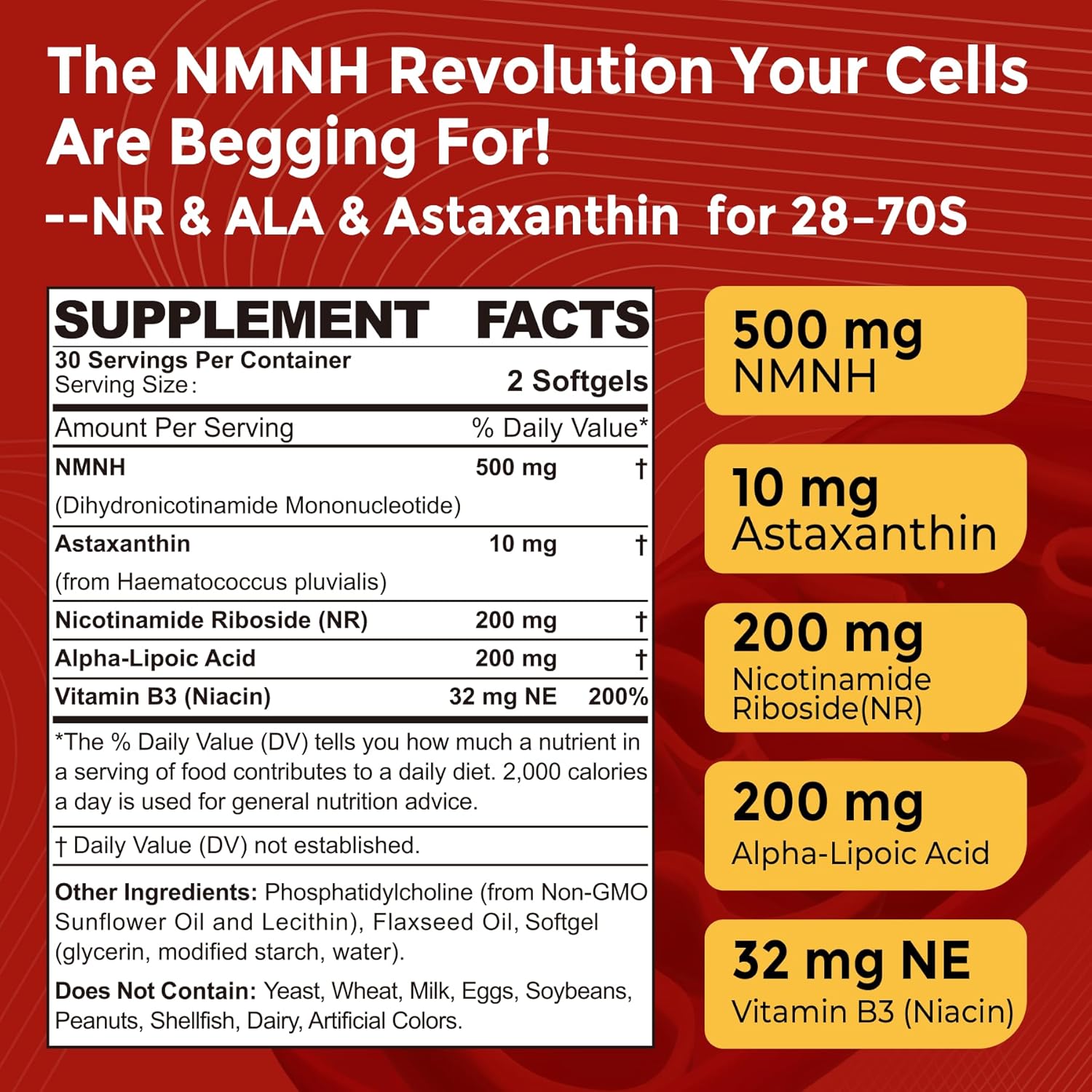 Liposomal NMNH Softgel 500mg, Alpha-Lipoic Acid 200mg, Astaxanthin Supplements 10mg + Vitamin B3 + Nicotinamide Riboside, High Absorption, Healthy Aging, Energy, Mitochondrial & DNA Support, 120Counts
