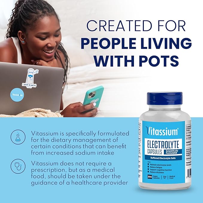 Vitassium Electrolyte Capsules, Electrolytes for The Management of POTS and High Sodium Diets (500mg Sodium - 100mg Potassium), Unflavored, 200 Salt Pills (Size 0)
