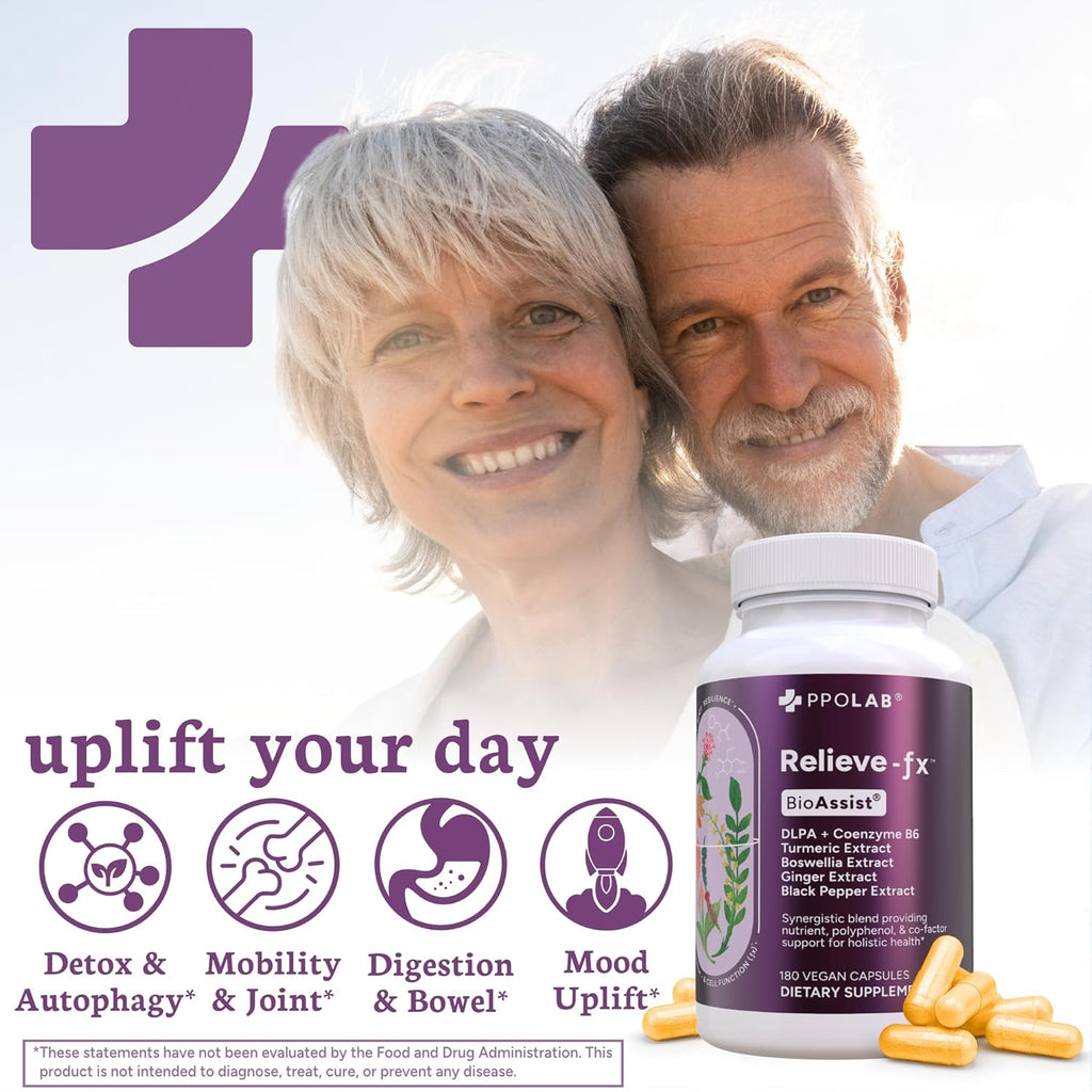 Relieve-fx™ DLPA Boswellia Turmeric and Ginger Supplement for Mood, Detox, Digestion, Inflammation & Joint Support, Gingerols, Boswellic Acid, Curcumin with Black Pepper, Clean Certified® 180 Count