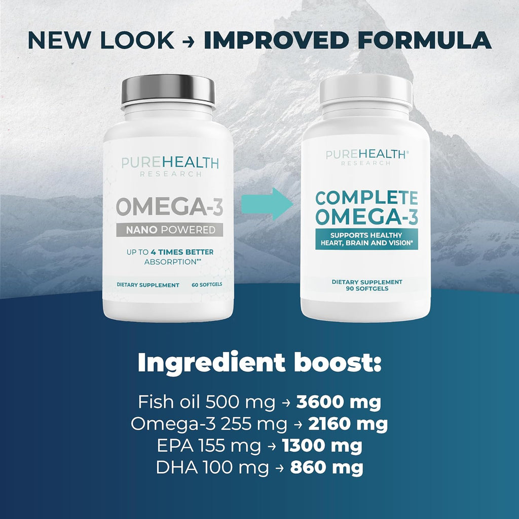 PUREHEALTH RESEARCH Complete Omega 3 Fish Oil Softgels - Omega-3 Fatty Acid Supplements- EPA DHA Supplement - Non-GMO- 90 Soft Gels